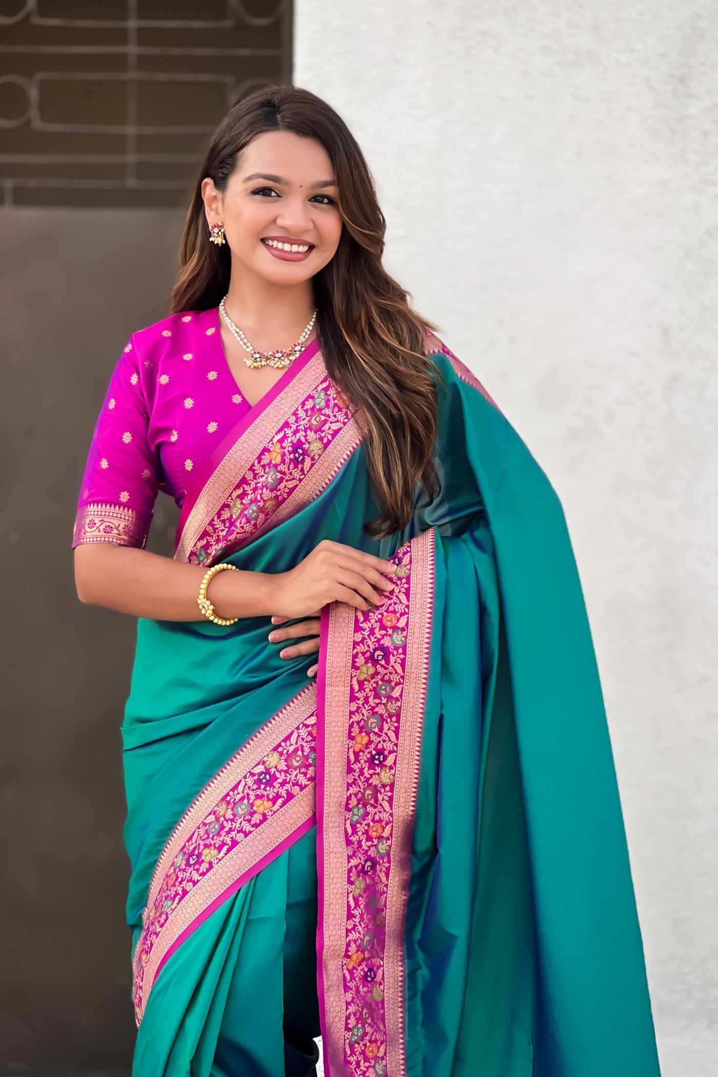Buy MySilkLove Teal Green and Pink Zari Woven Paithani Saree Online