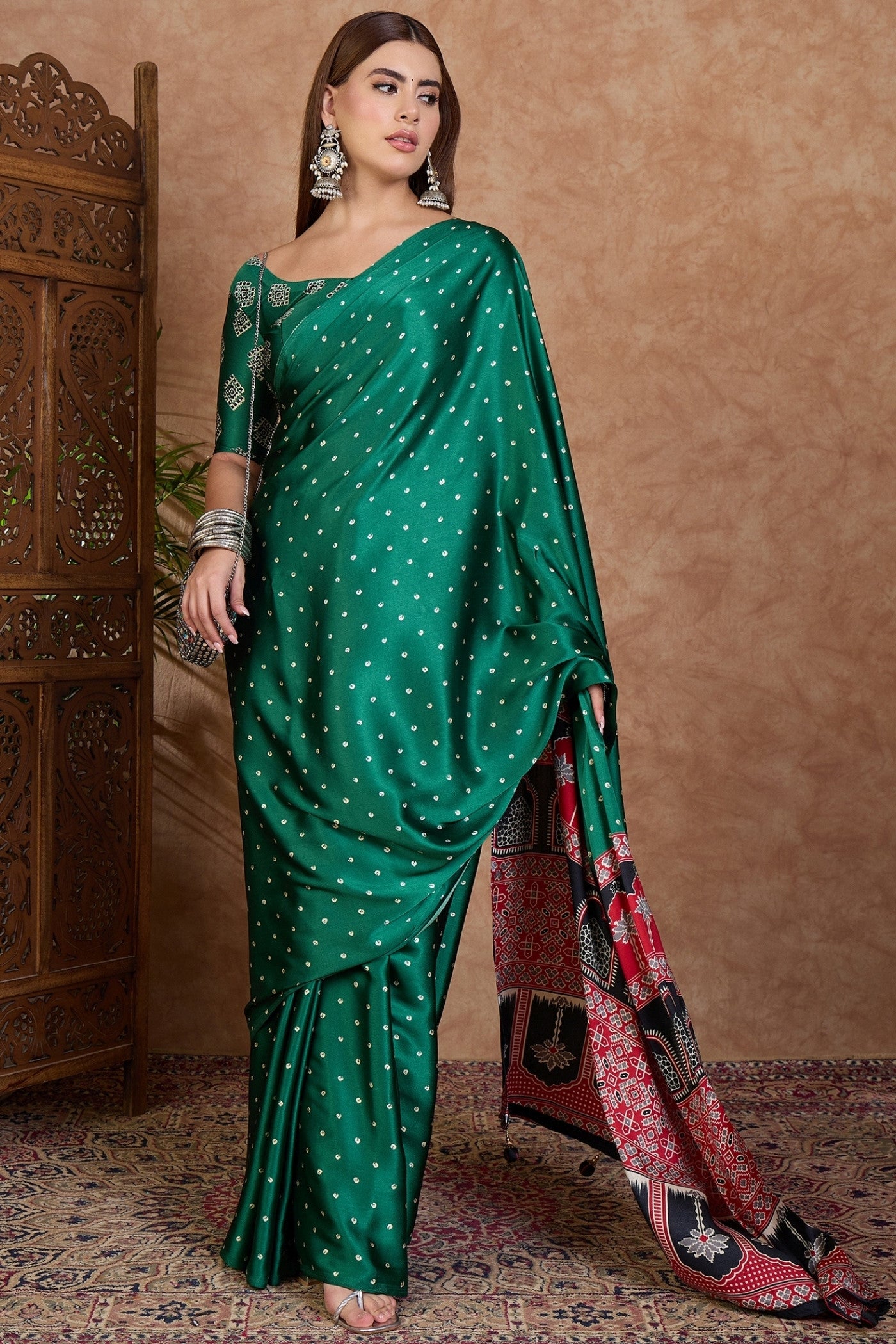 Buy MySilkLove Marrs Green Ajrakh Printed Satin Crepe Silk Saree Online