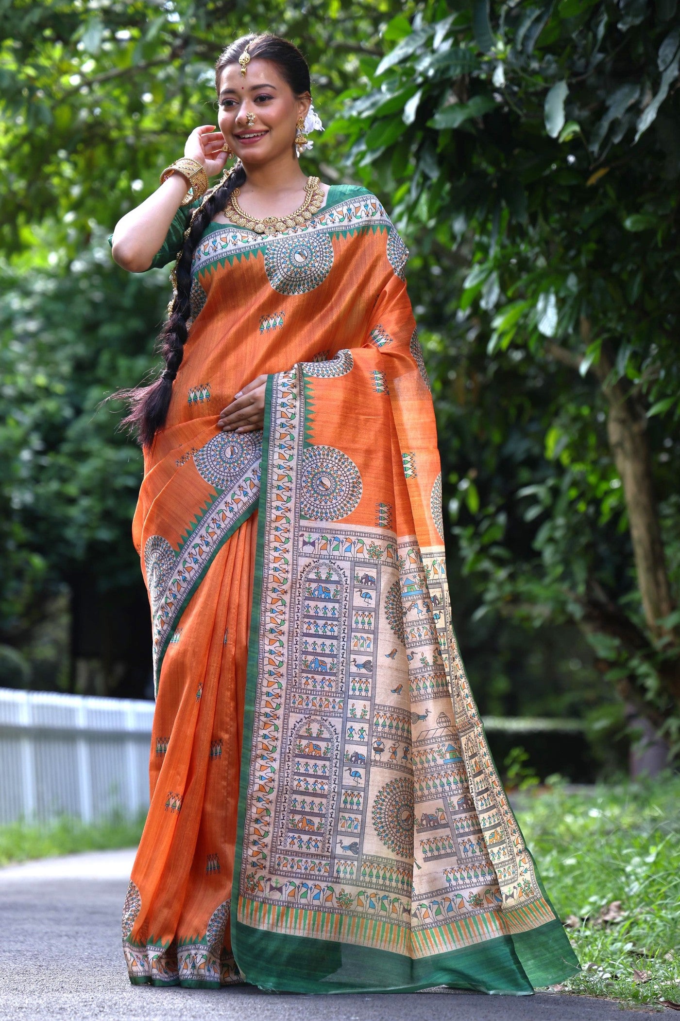 Buy MySilkLove Butterscotch Orange Madhubani Tussar Printed Silk Saree Online