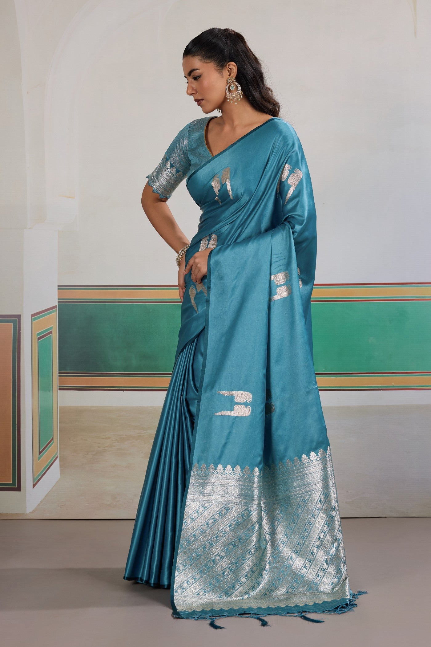 Buy MySilkLove Boston Blue Handloom Satin Soft Silk Saree Online