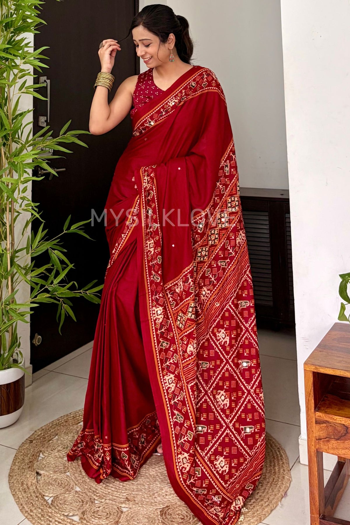Buy MySilkLove Vermilion Red Patola Pallu Embroidery Mirror Work Modal Soft Silk Saree Online