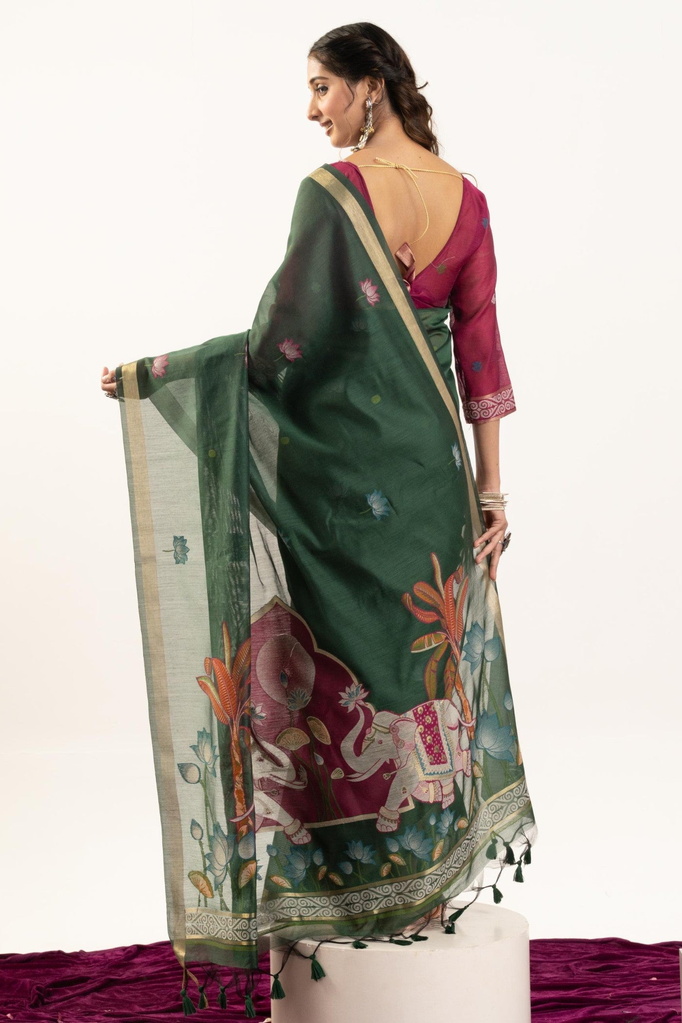 Buy MySilkLove Bottle Green Woven Soft Muga Cotton Saree Online