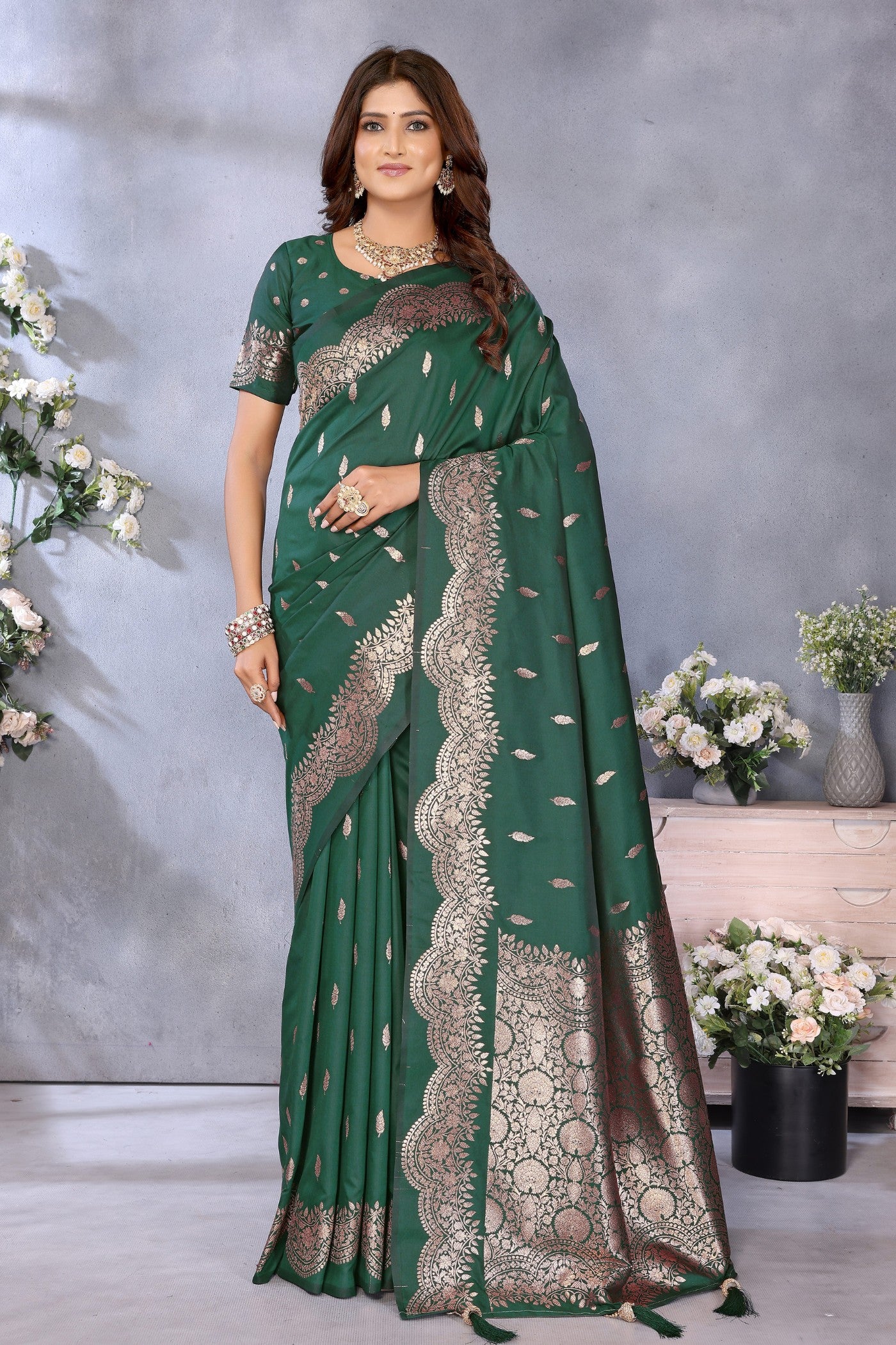 Buy MySilkLove Bottle Green Woven Banarasi Saree Online