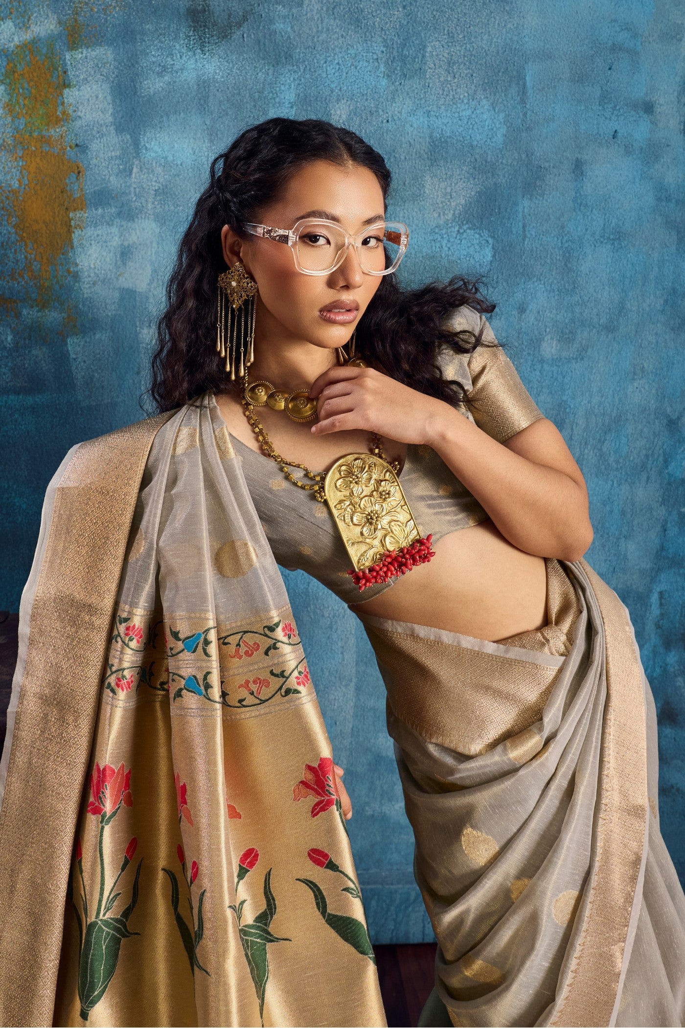 Buy MySilkLove Cadet Grey Zari Woven Tissue Paithani Saree Online