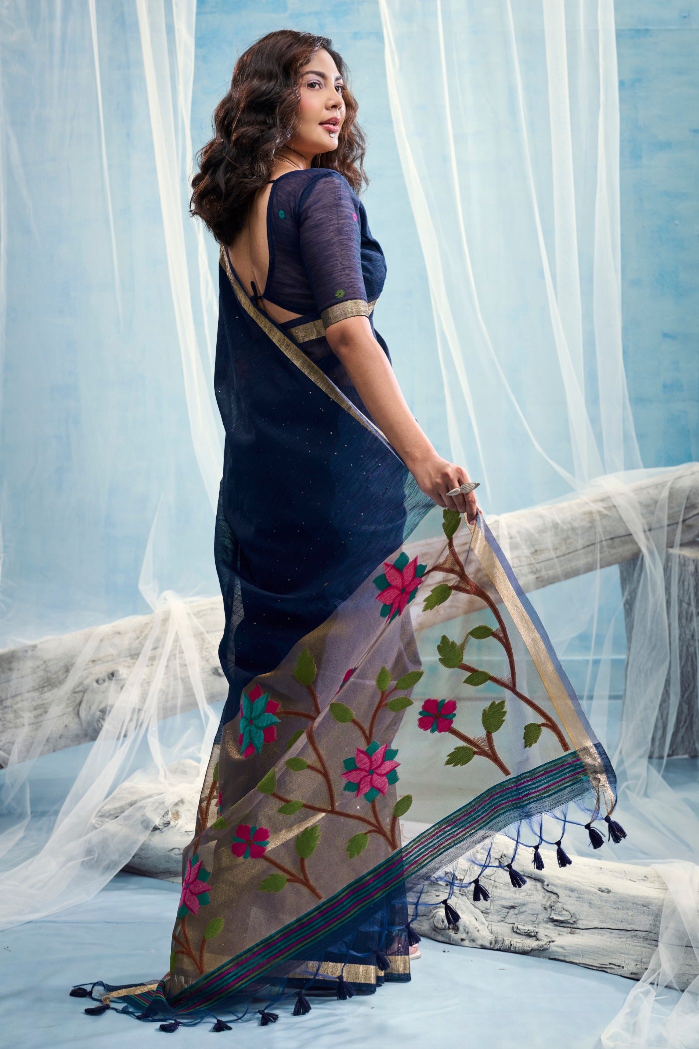 Buy MySilkLove Monastral Blue Munga Handloom Tissue Pallu Saree Online
