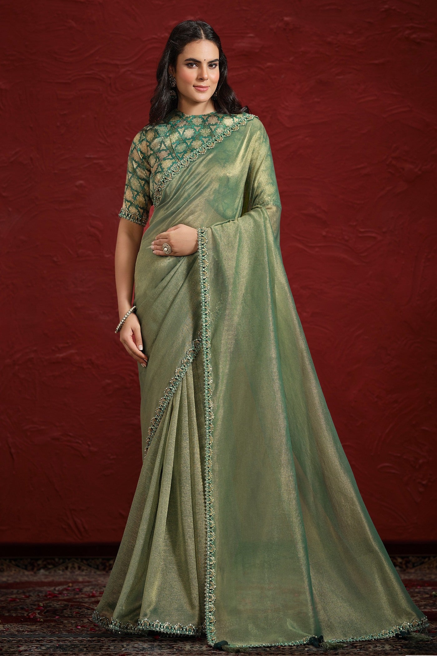 Buy MySilkLove Artichoke Green Banarasi Saree with Stitched Blouse Online
