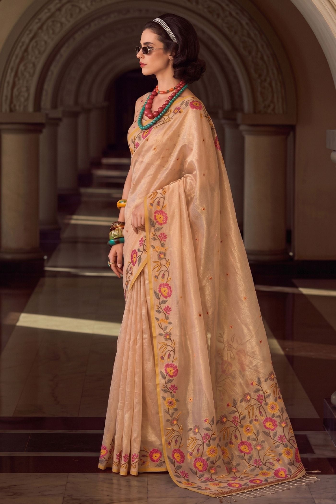 Buy MySilkLove Ecru Cream Woven Floral Tissue Saree Online