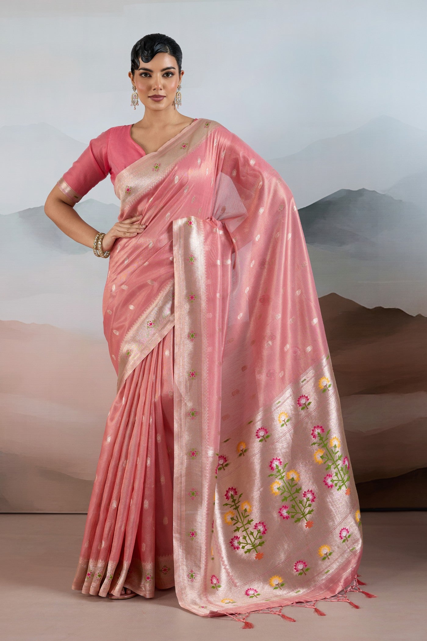 Buy MySilkLove Rosewater Pink Zari Woven Tissue Paithani Saree Online