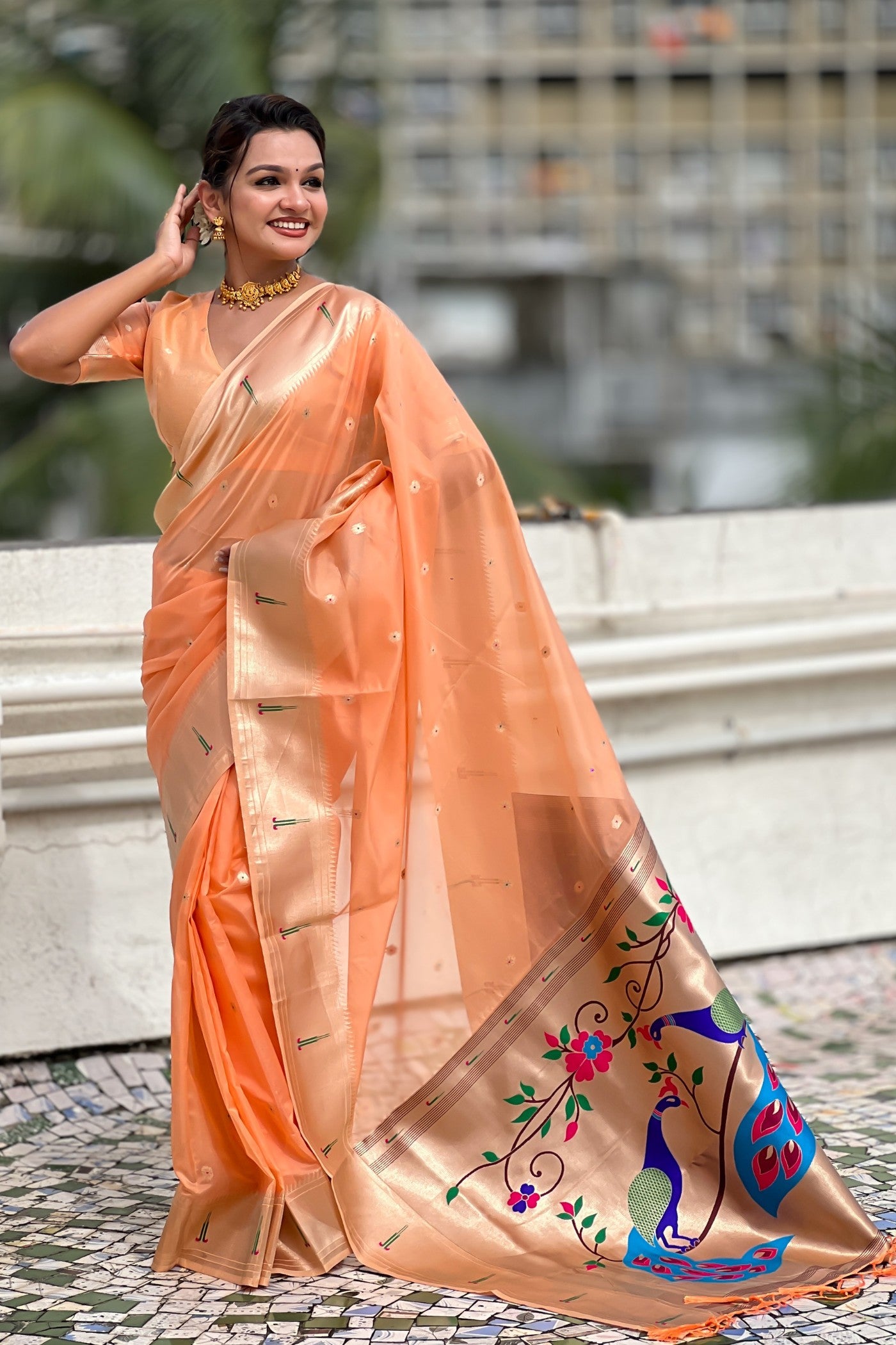 Buy MySilkLove Sunset Peach Organza Woven Paithani Saree Online