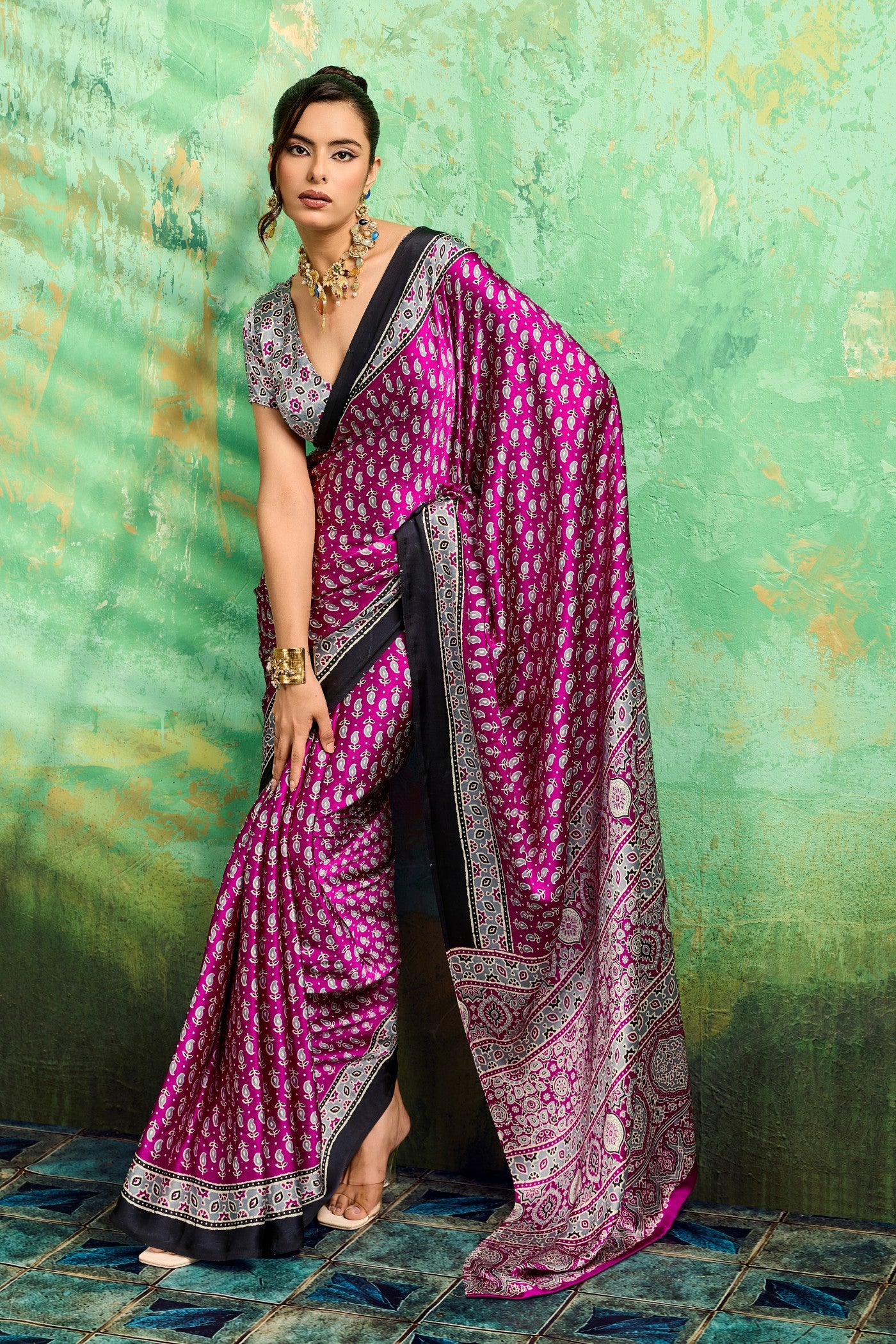 Buy MySilkLove Eminence Purple Modal Ajrakh Satin Printed Silk Saree Online