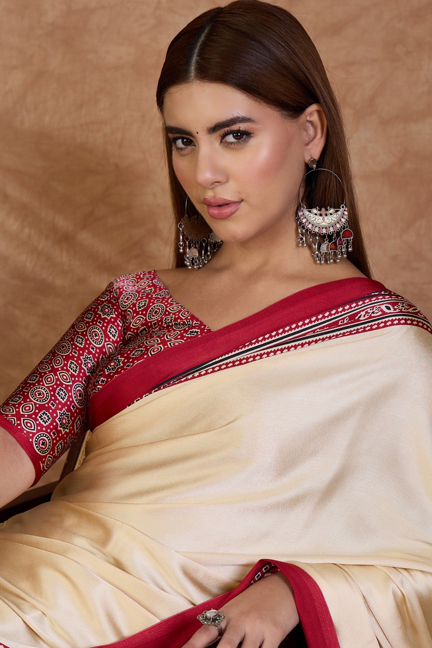 MySilkLove Linen Cream and Red Ajrakh Printed Satin Crepe Silk Saree