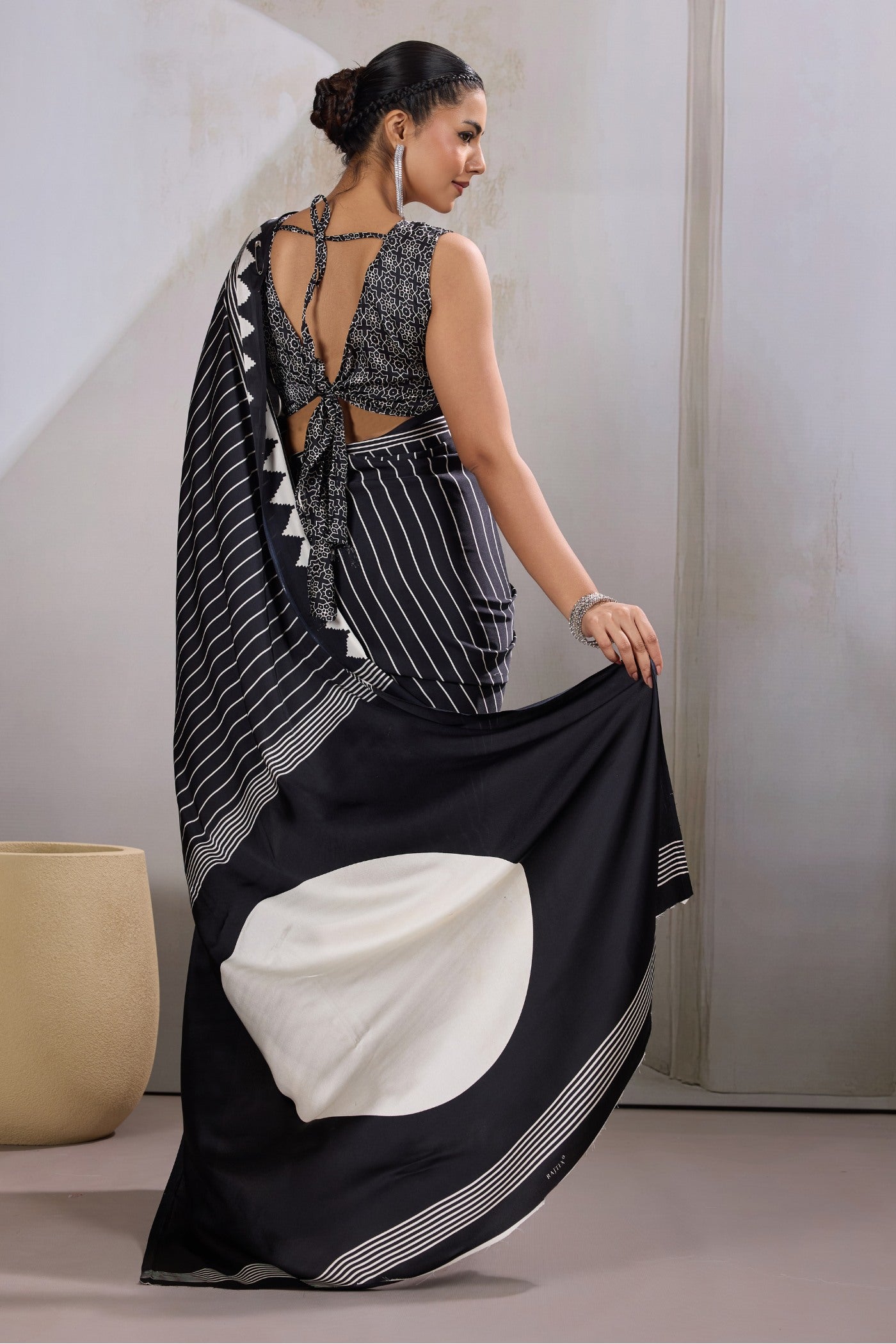 Buy MySilkLove Taupe Black Ajrakh Printed Satin Crepe Silk Saree Online