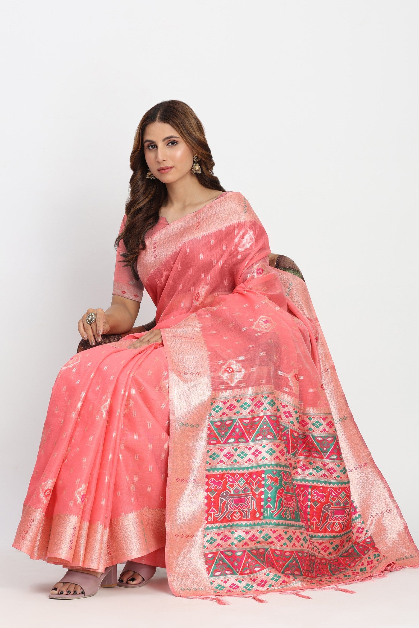 Buy MySilkLove Burn Peach Woven Linen Cotton Saree Online