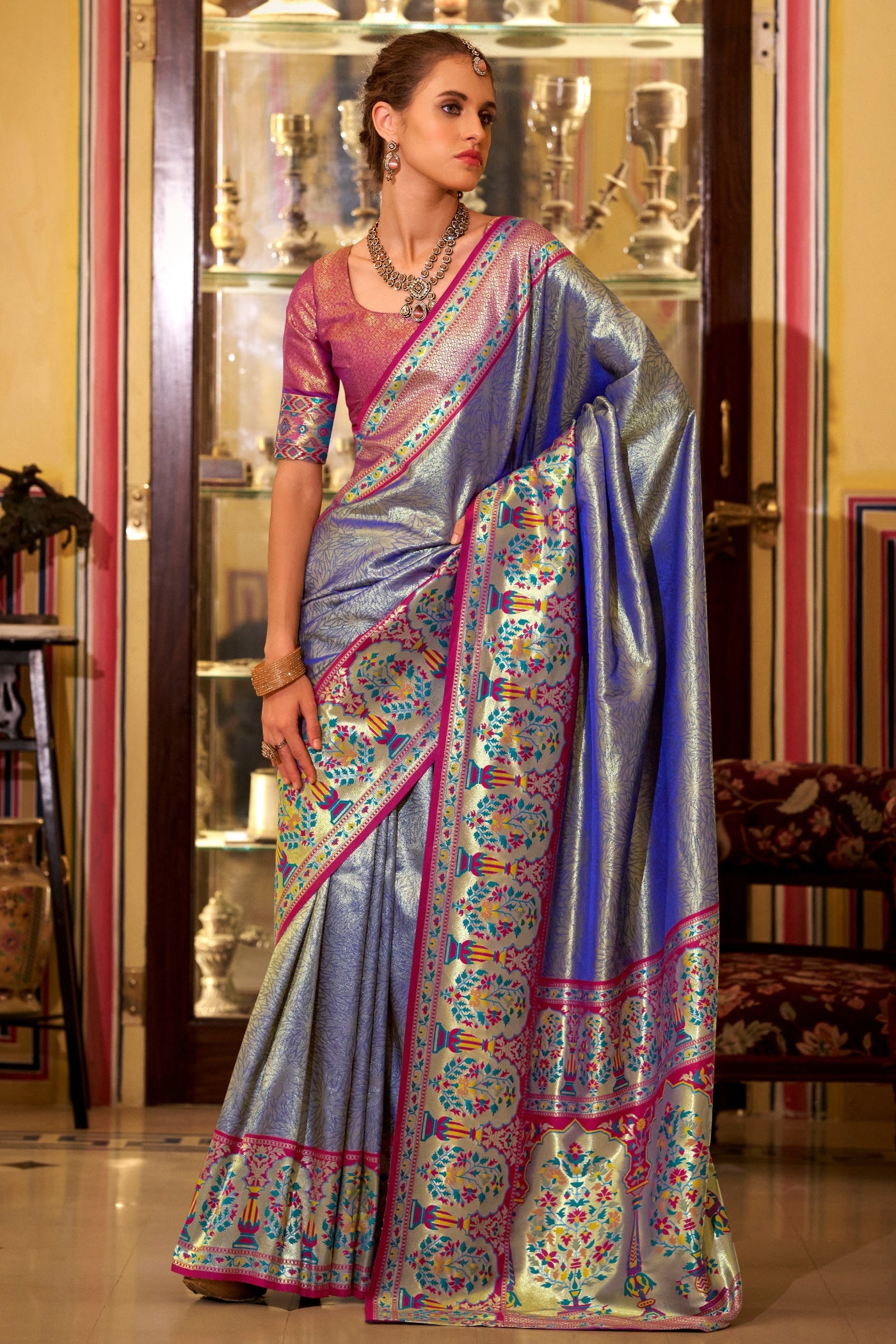 Buy MySilkLove Mojorelle Blue Woven Tissue Silk Saree Online