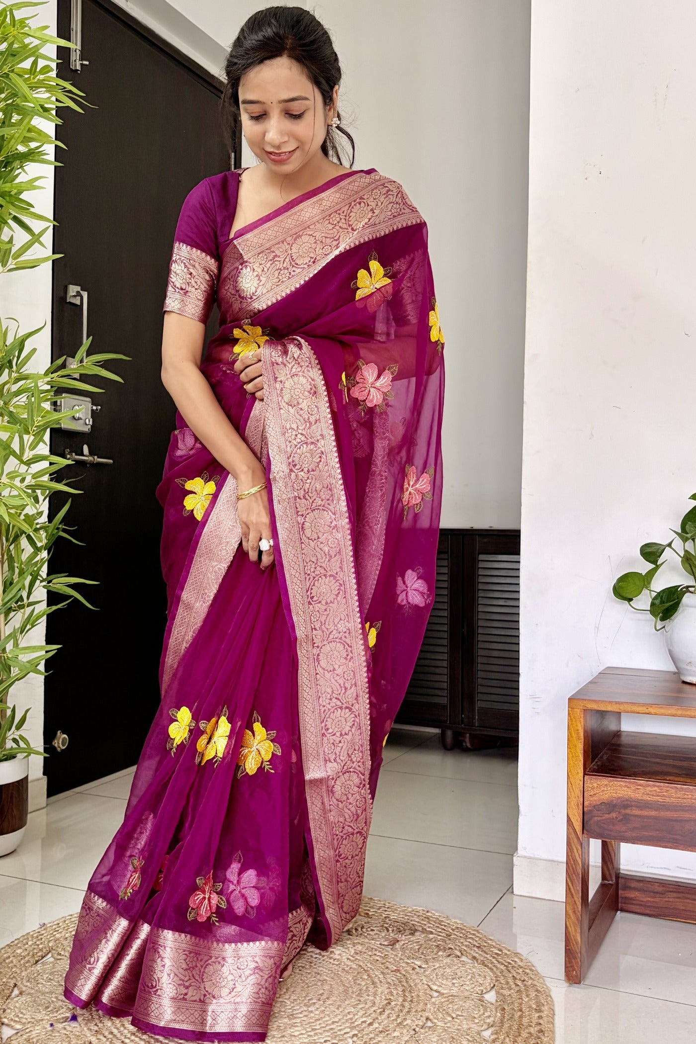 Buy MySilkLove Rose Pink Woven Tissue Floral Saree Online