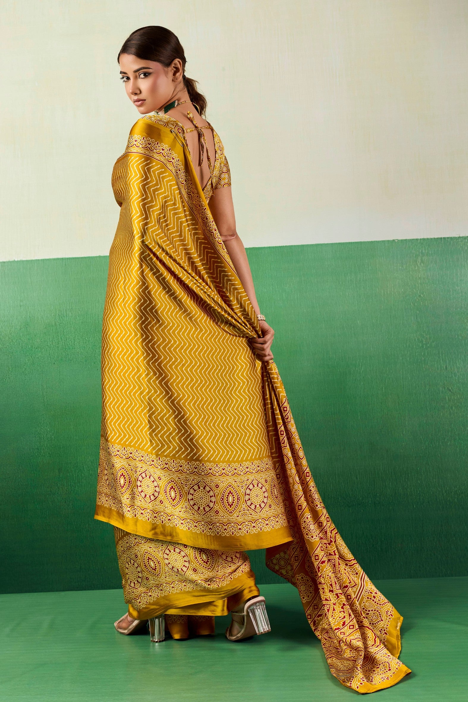Buy MySilkLove Candlelight Yellow Modal Ajrakh Satin Printed Silk Saree Online