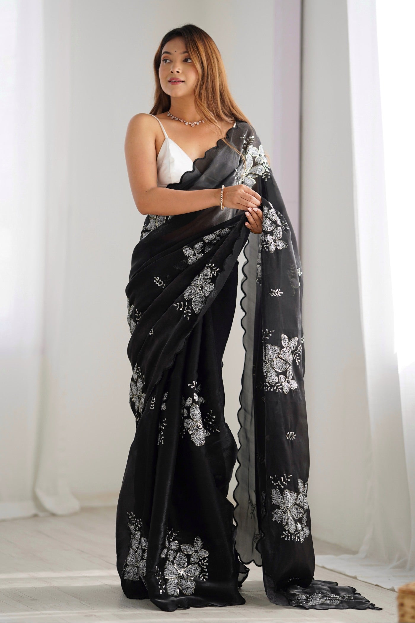 Buy MySilkLove Carbon Black Floral Partywear Saree Online