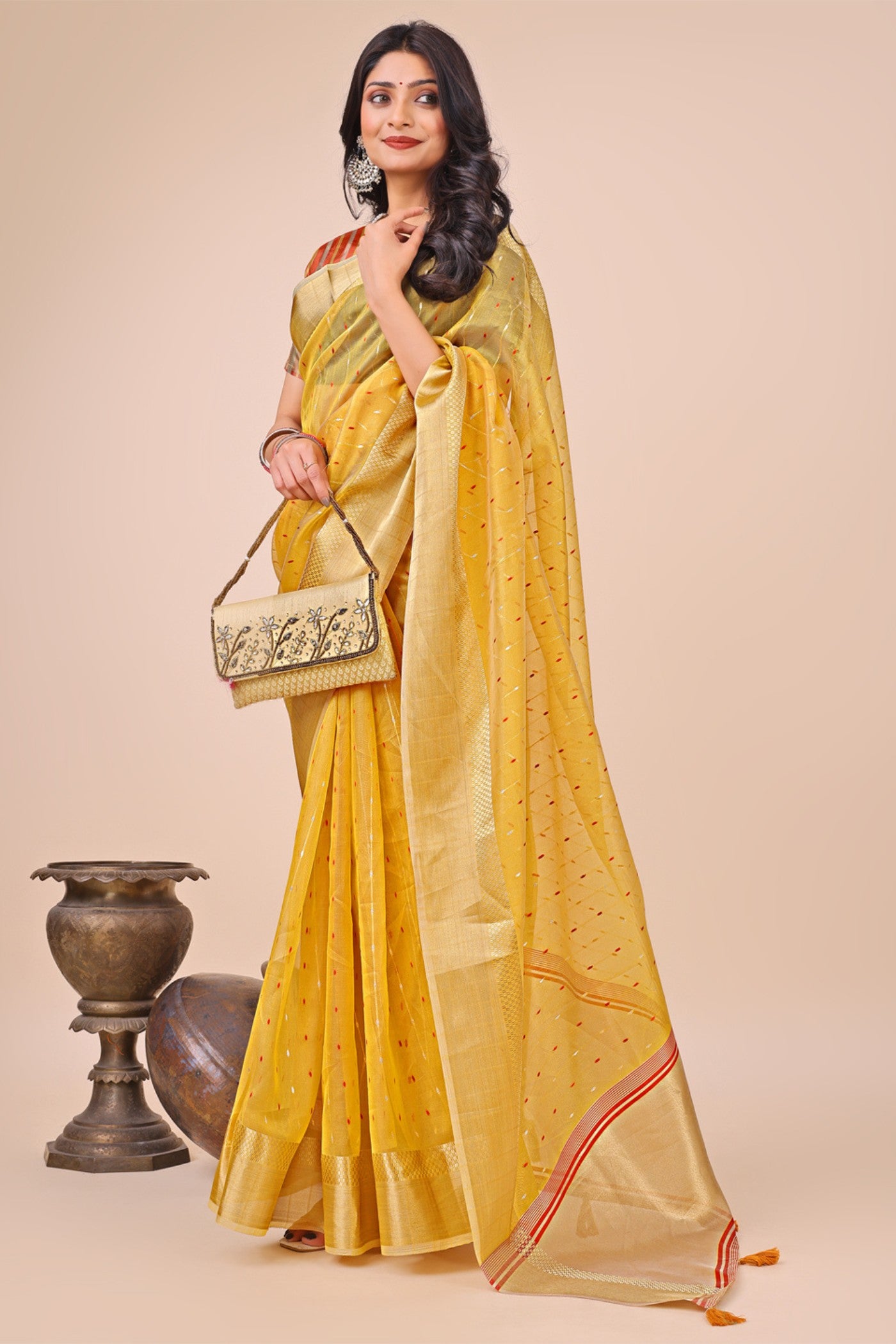 Buy MySilkLove Aureolin Yellow Woven Organza Saree Online