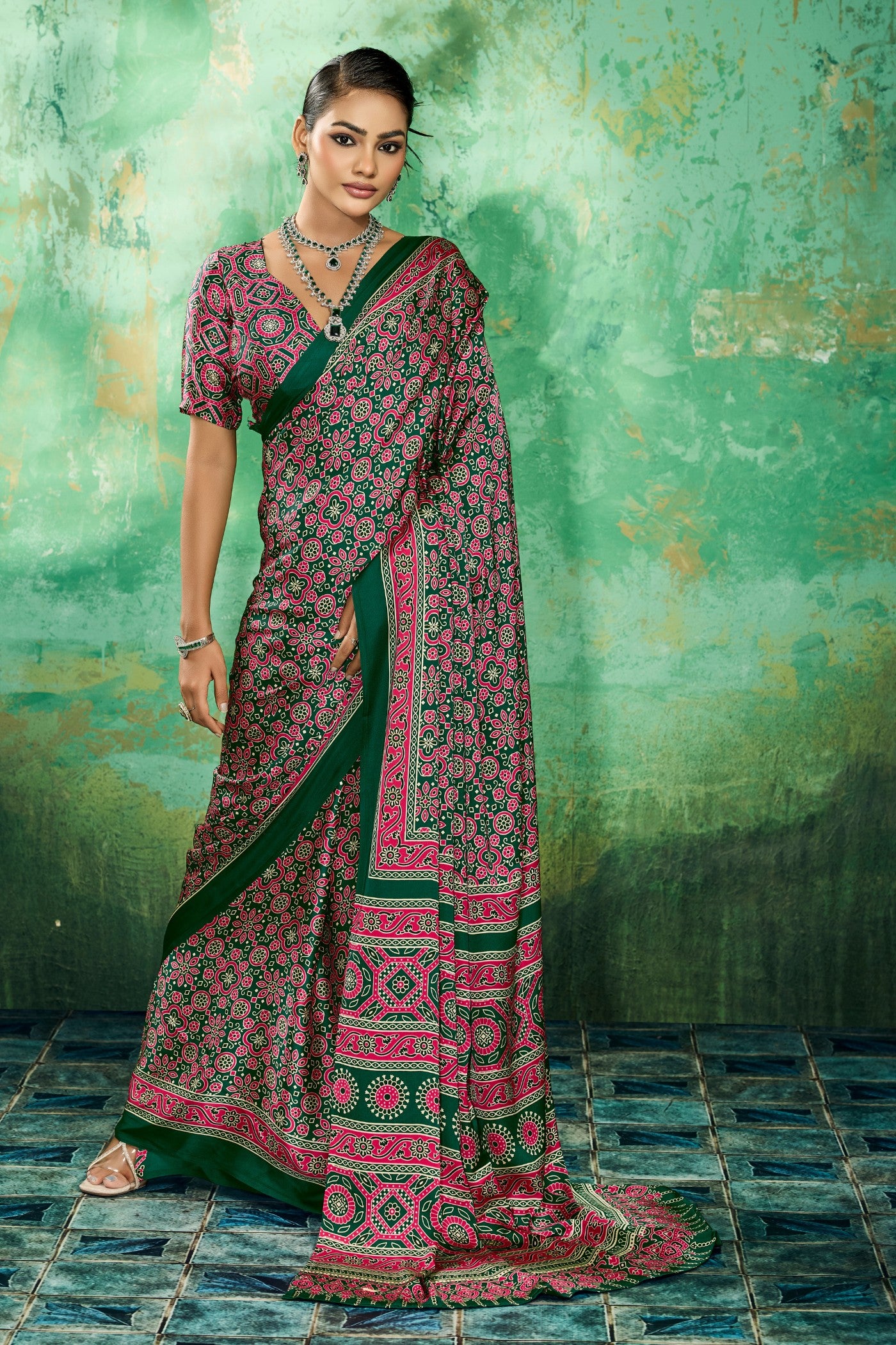 Buy MySilkLove Royal Emerald Green Modal Ajrakh Satin Printed Silk Saree Online