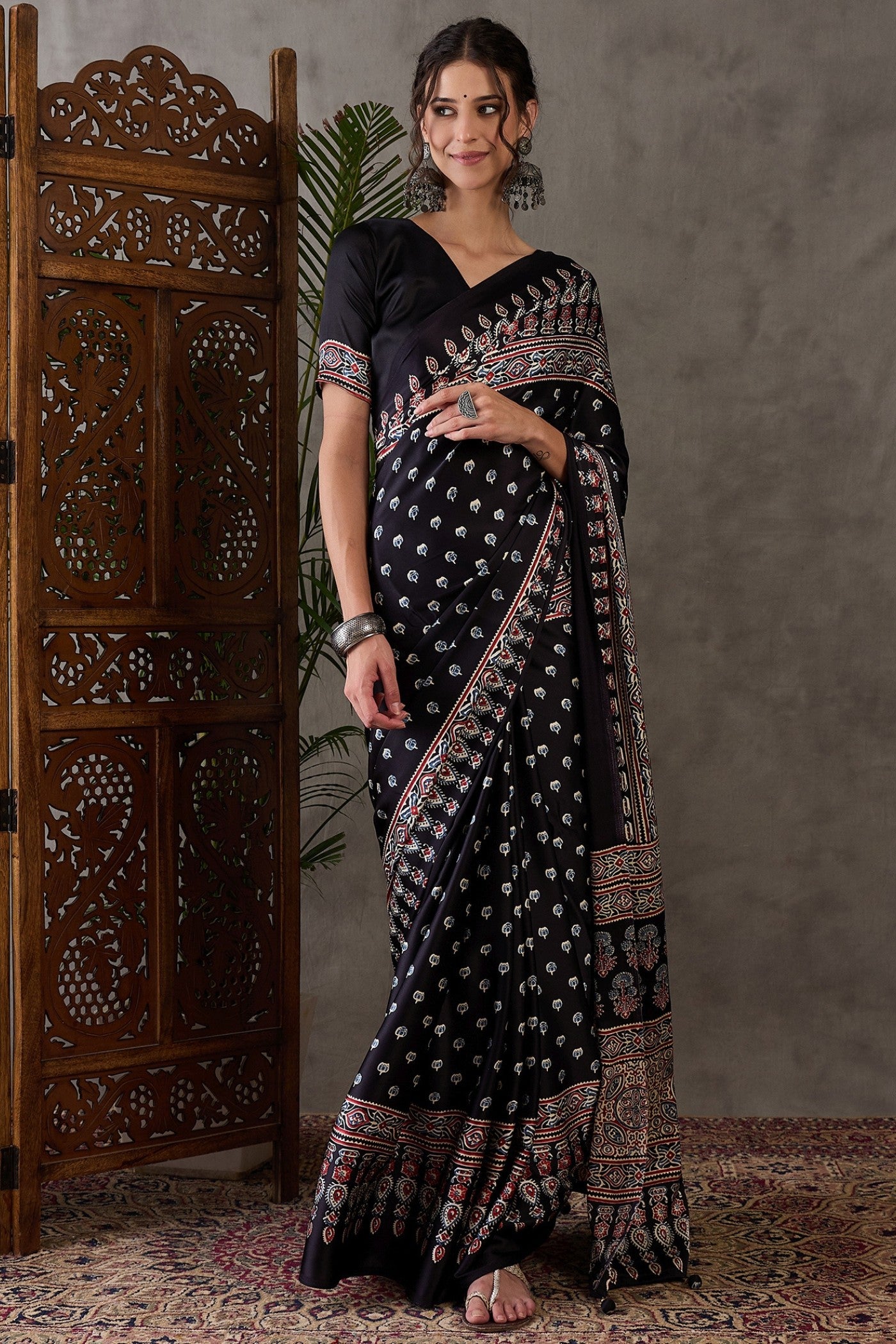 Buy MySilkLove Tuna Black Ajrakh Printed Satin Gaji Silk Saree Online