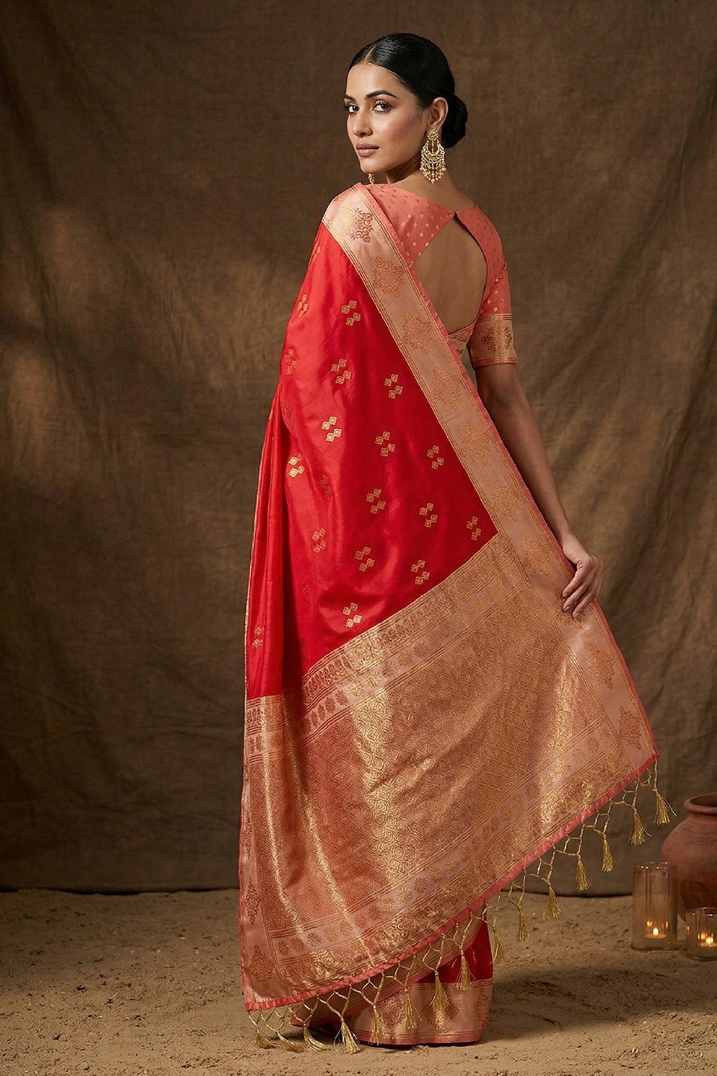 Buy MySilkLove Batorange Red Woven Banarasi Soft Silk Saree Online