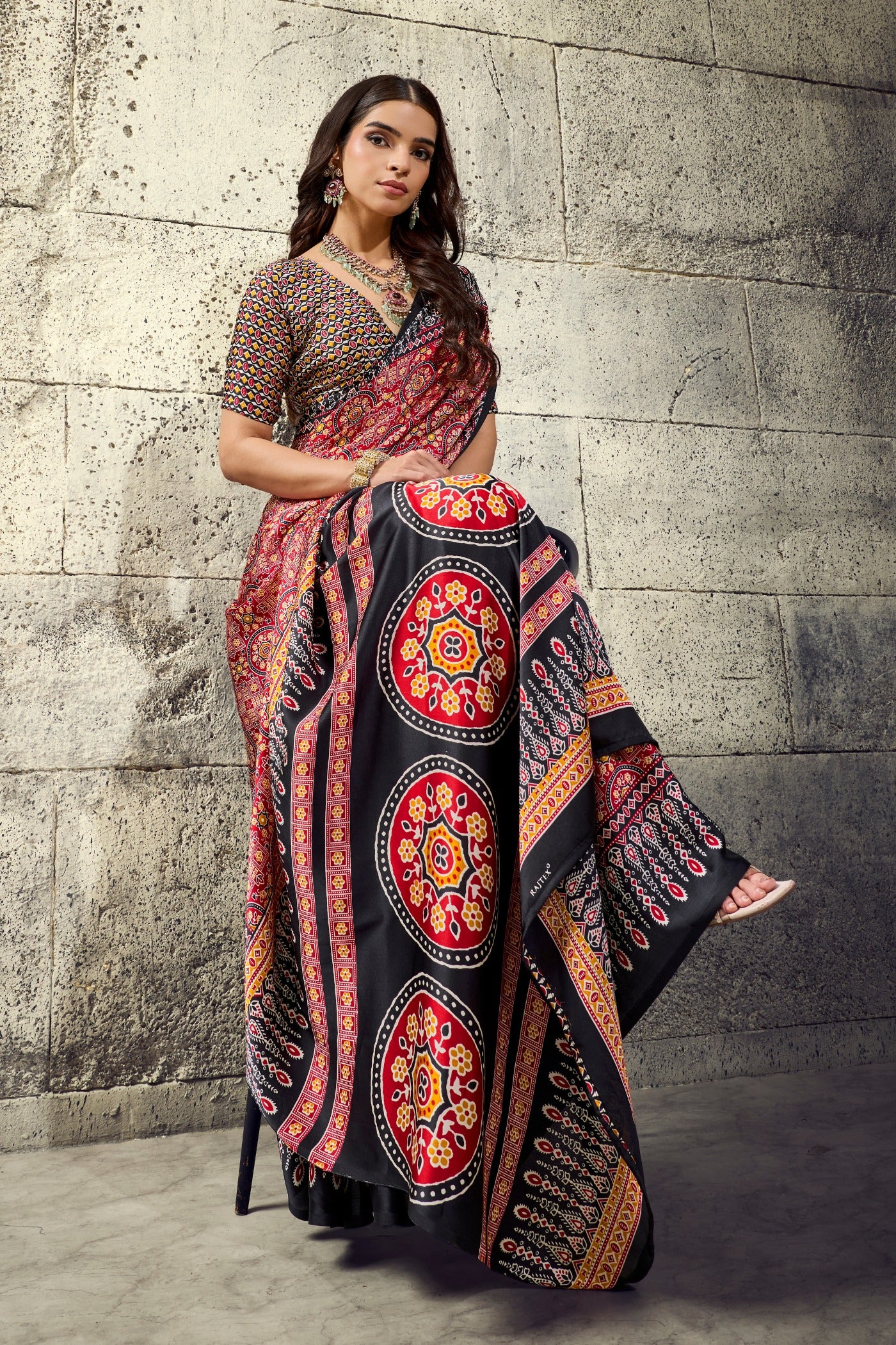 Buy MySilkLove Pickle Orange and Black Modal Ajrakh Satin Printed Silk Saree Online