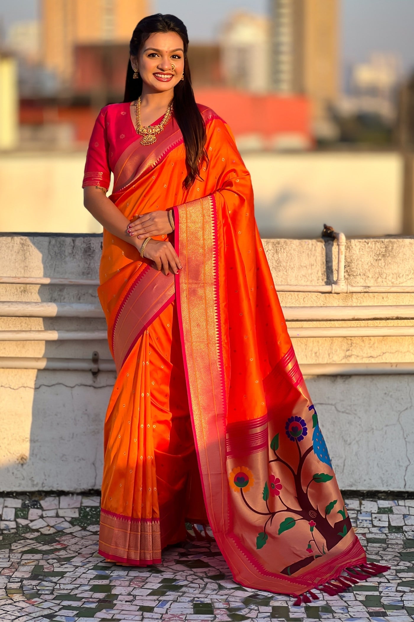 Buy MySilkLove Pumpkin Orange Zari Woven Paithani Saree Online