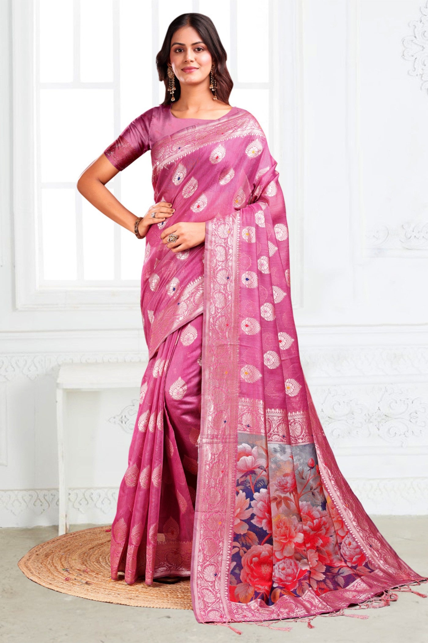 Buy MySilkLove Lotus Pink Woven Linen Cotton Saree Online
