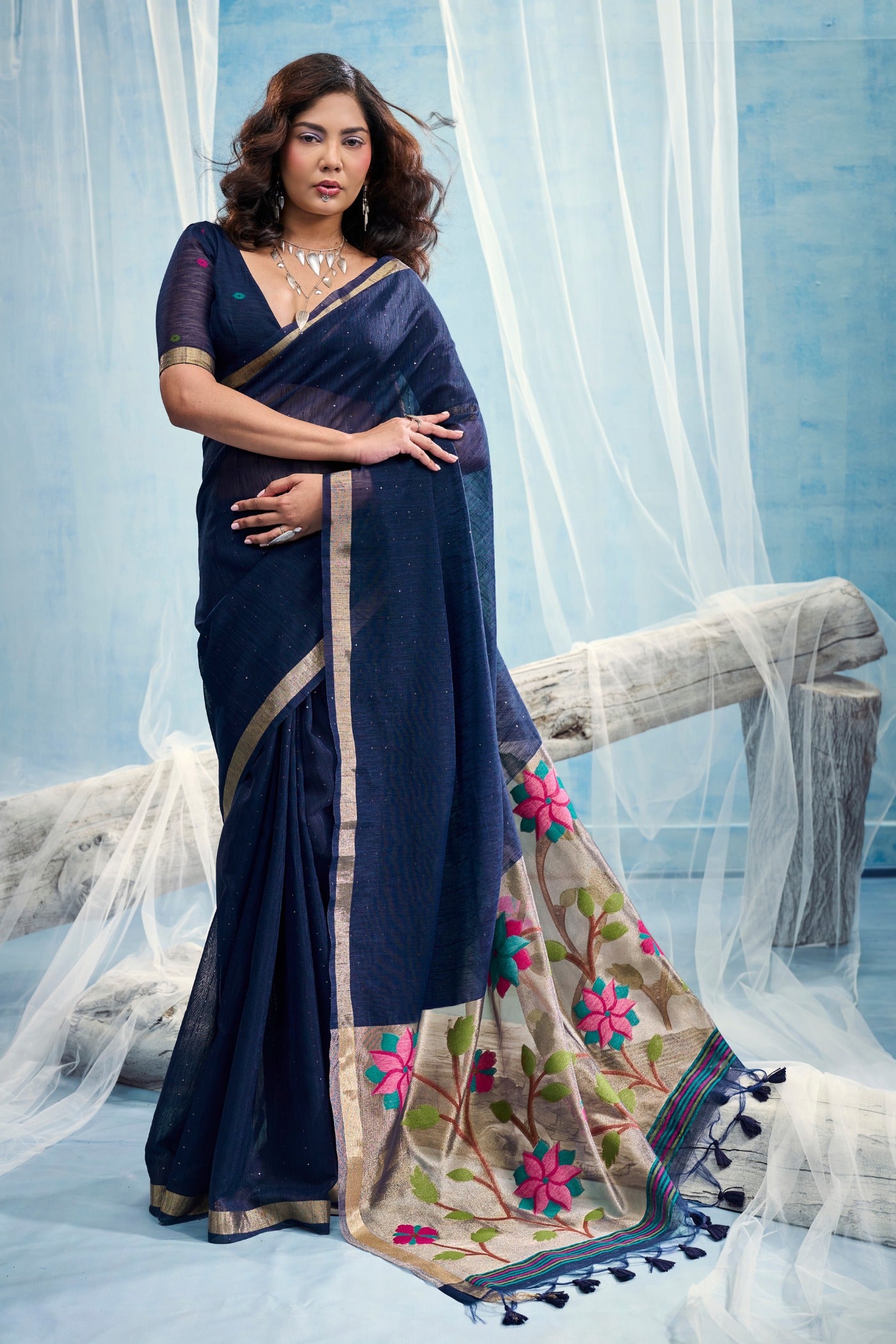 Buy MySilkLove Monastral Blue Munga Handloom Tissue Pallu Saree Online