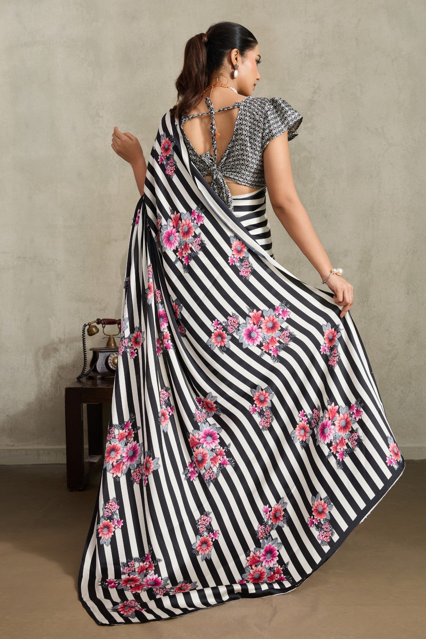 Buy MySilkLove Black Olive Ajrakh Printed Satin Crepe Silk Saree Online