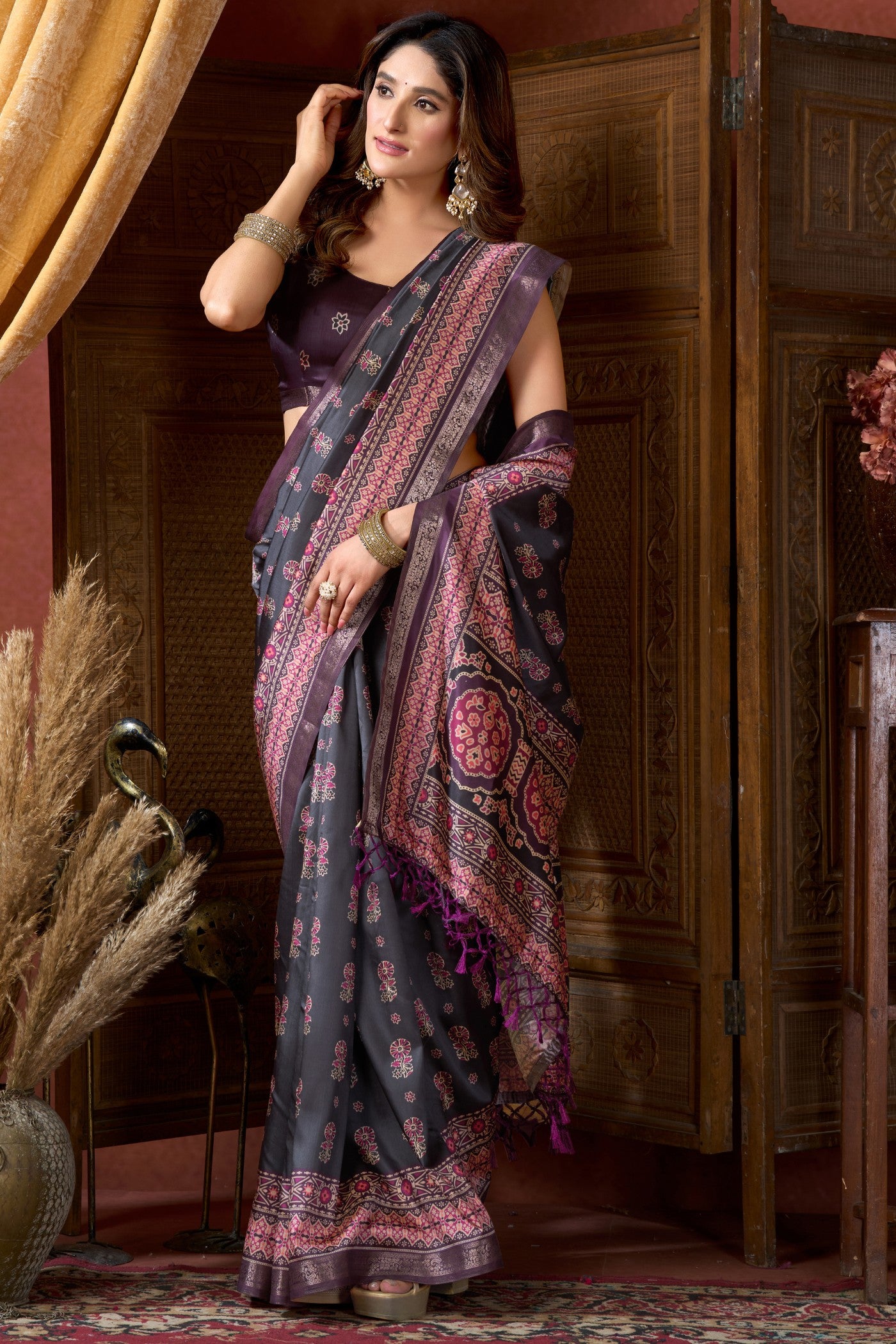 Buy MySilkLove Platinum Grey Ajrakh Printed Saree Online
