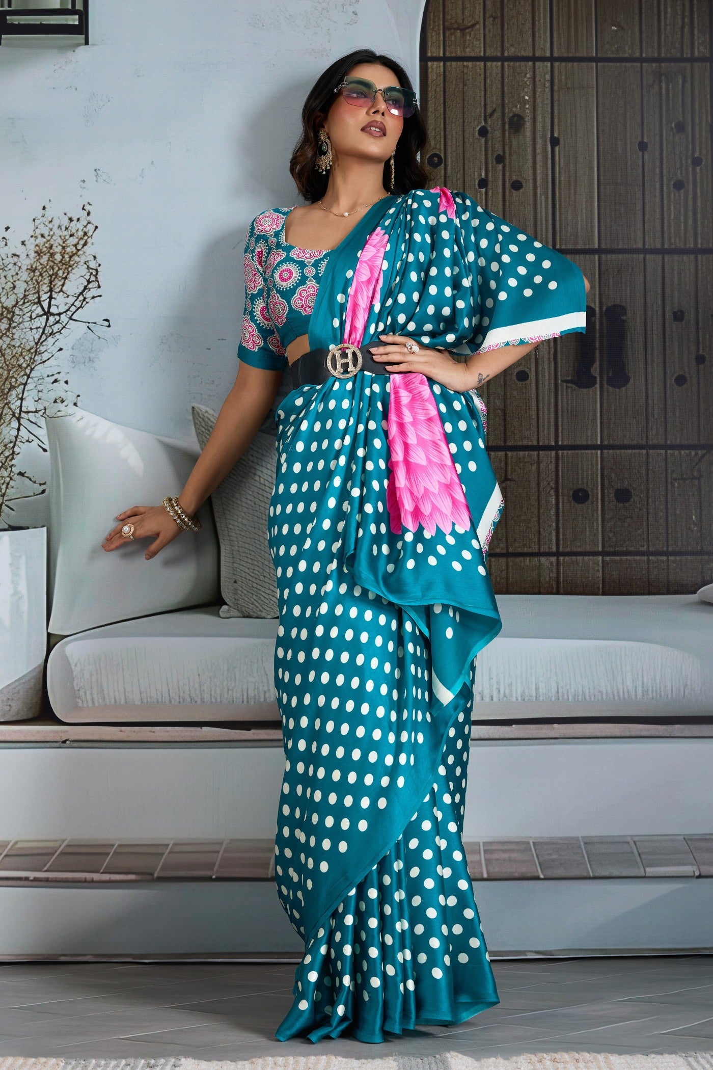 Buy MySilkLove Cornflower Blue Printed Polka Dots Satin Crepe Saree Online