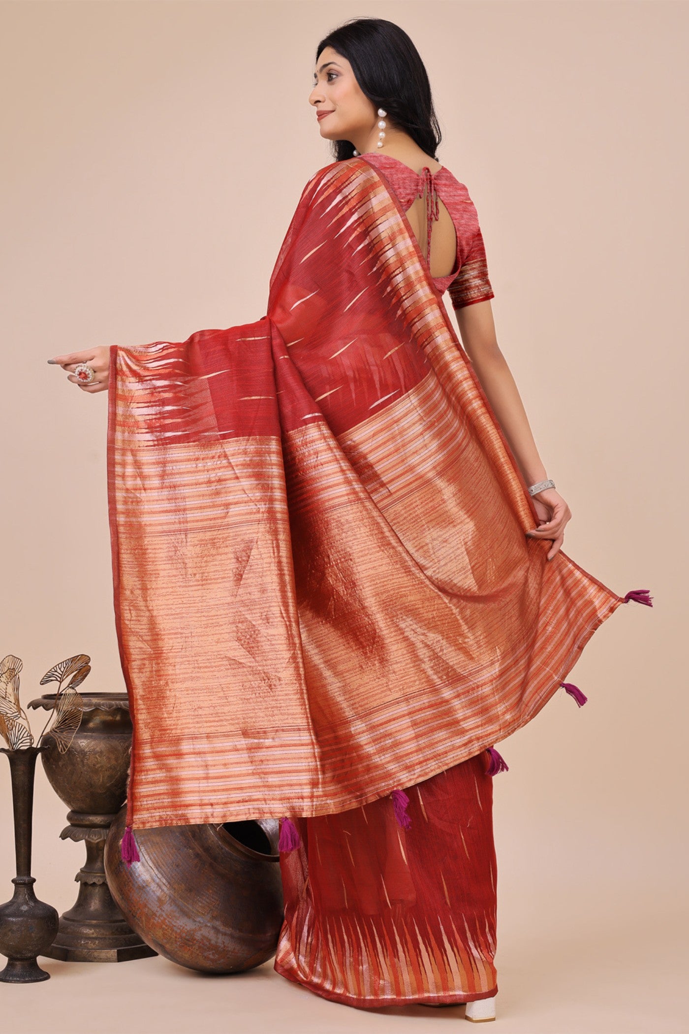 Buy MySilkLove Ceramic Red Linen Cotton Saree Online