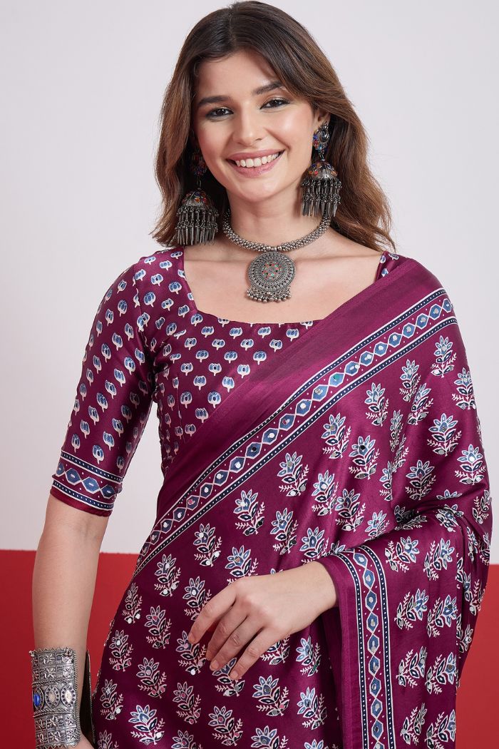 Buy MySilkLove Plum Purple Modal Ajrakh Satin Printed Mirror Work Saree Online