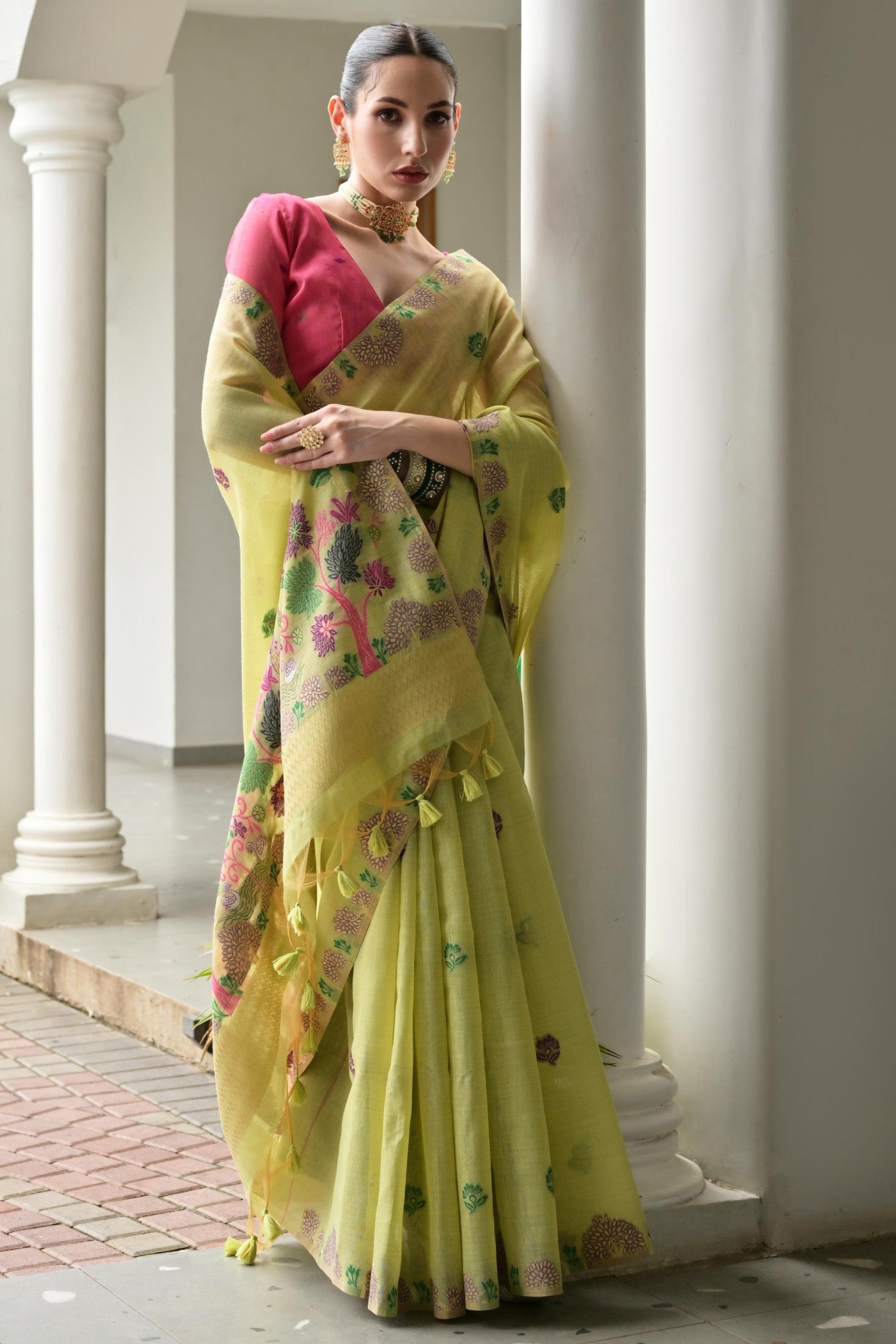 Buy MySilkLove Jad Green Woven Muga Cotton Saree Online