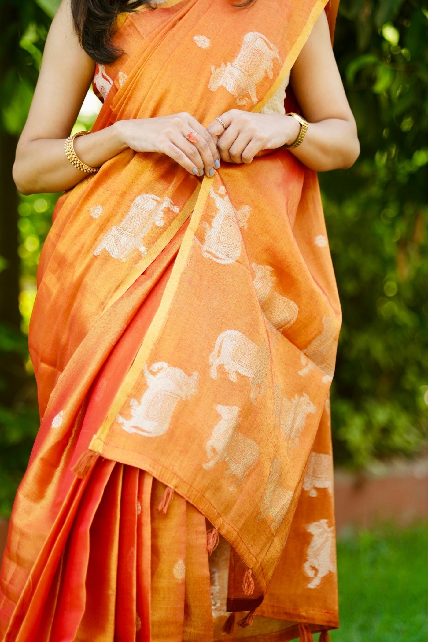 Buy MySilkLove Sunset Orange Handloom Tissue Saree Online