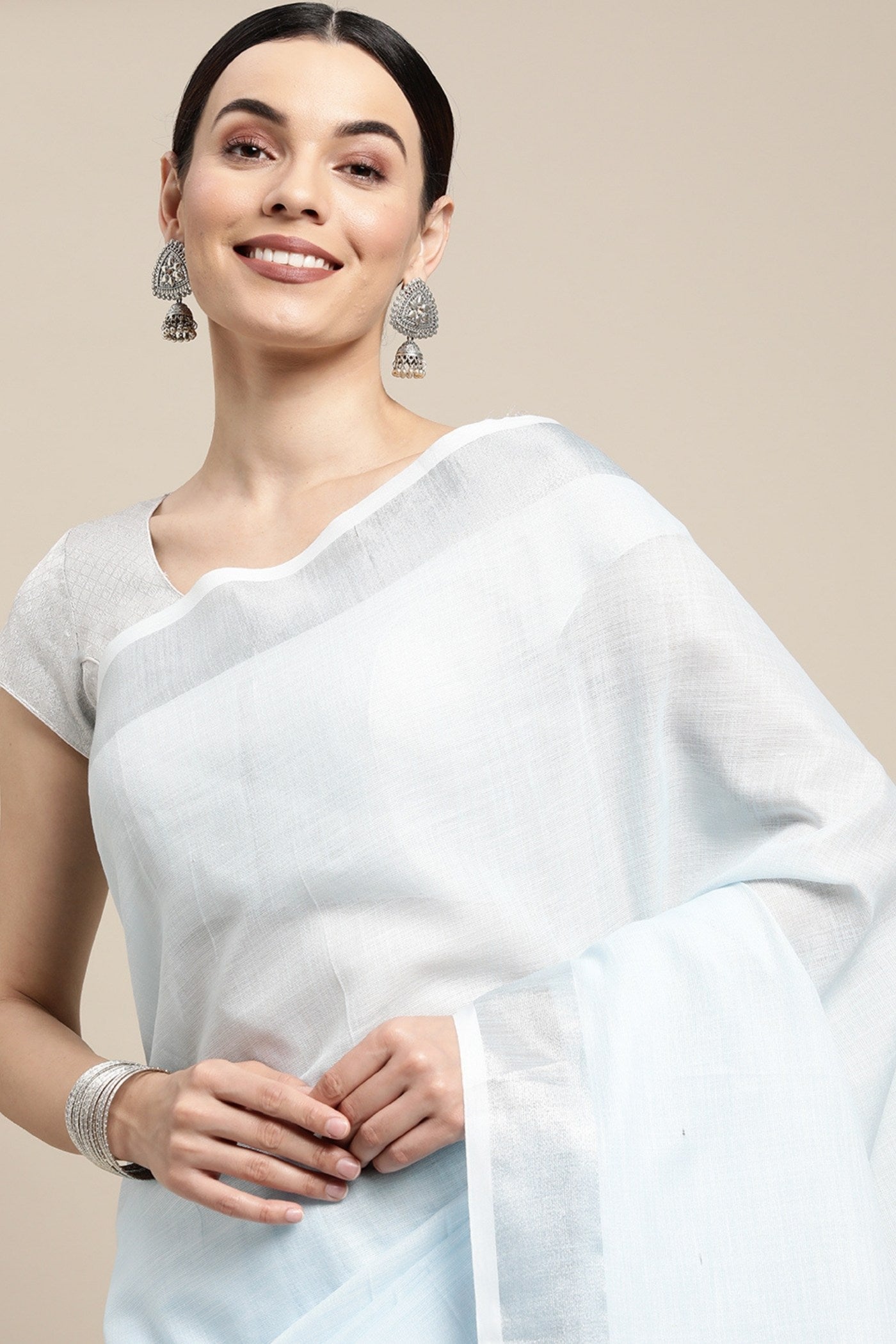Buy MySilkLove Powder Blue Woven Linen Cotton Saree Online
