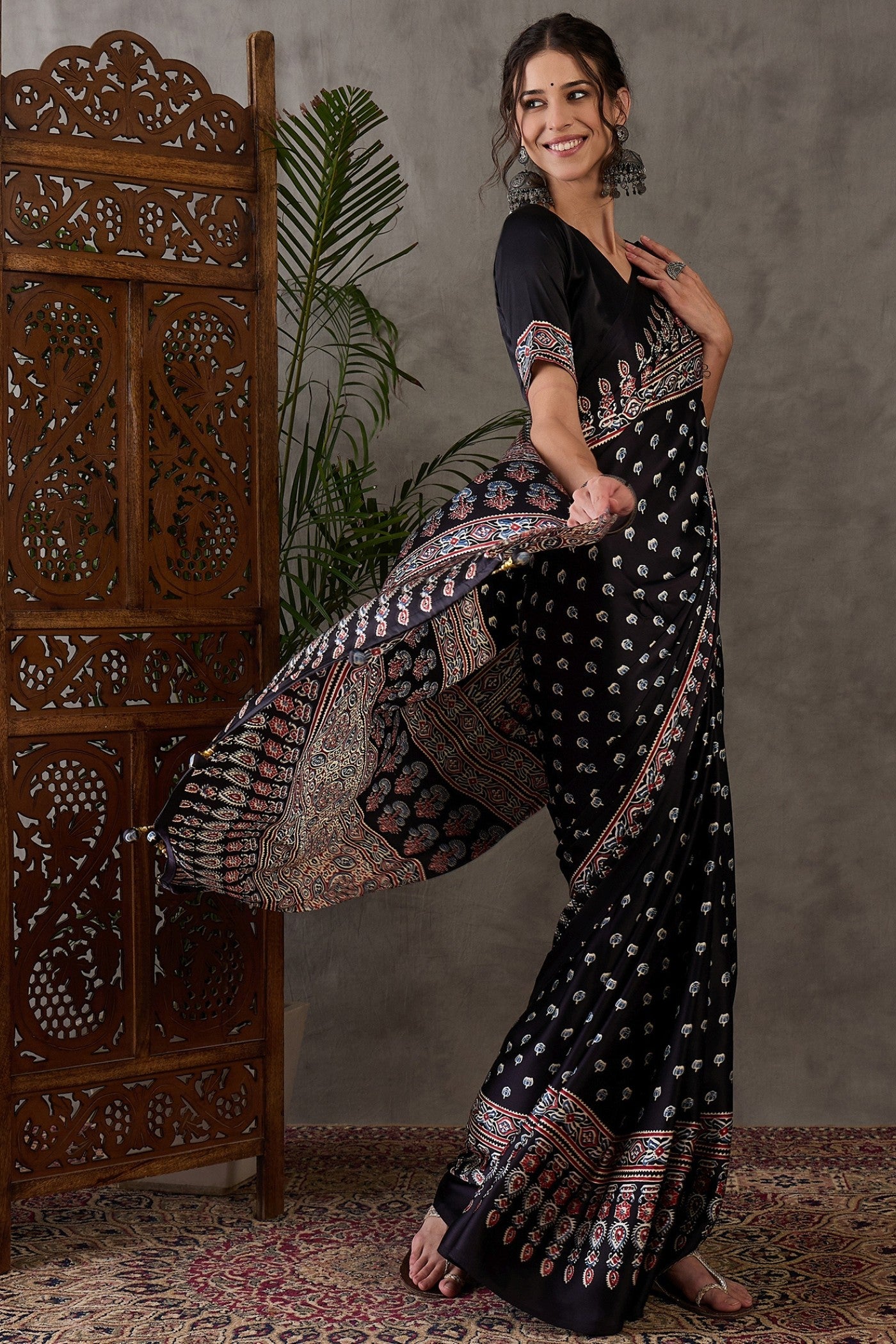 Buy MySilkLove Tuna Black Ajrakh Printed Satin Gaji Silk Saree Online