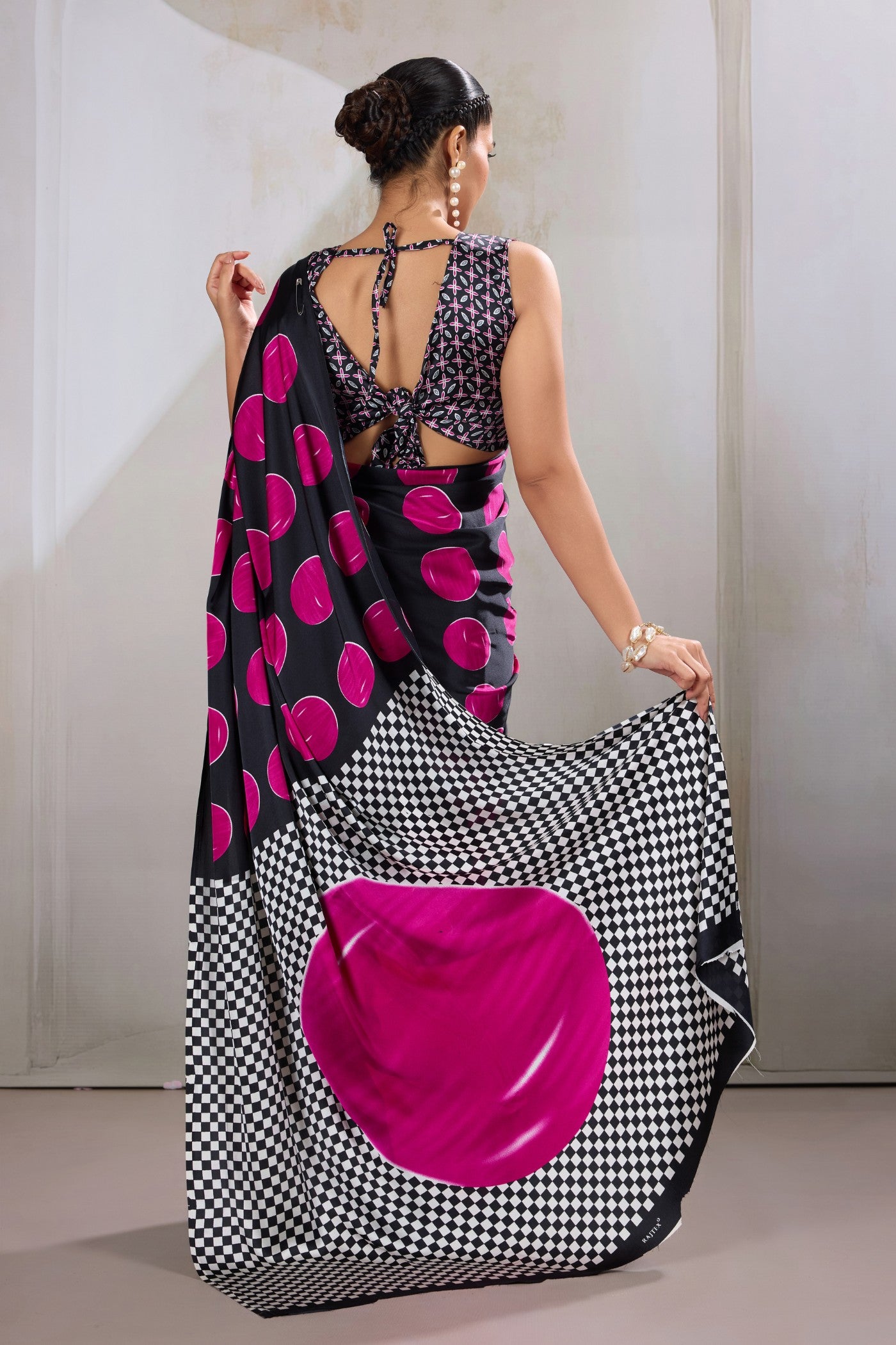 Buy MySilkLove Bubblegum Pink Printed Polka Dots Satin Crepe Saree Online