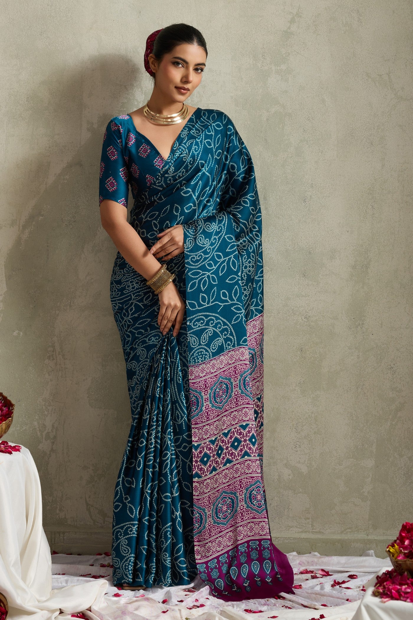 Buy MySilkLove Midnight Blue Bandhani Printed Silk Saree Online