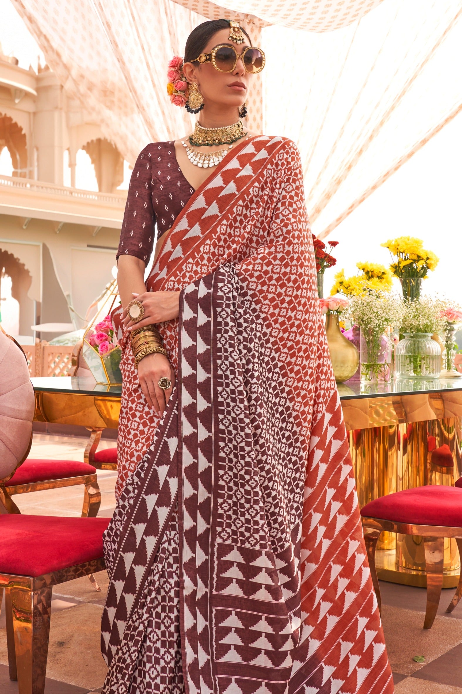 Buy MySilkLove Fuzzy Orange and Brown Printed Patola Saree Online