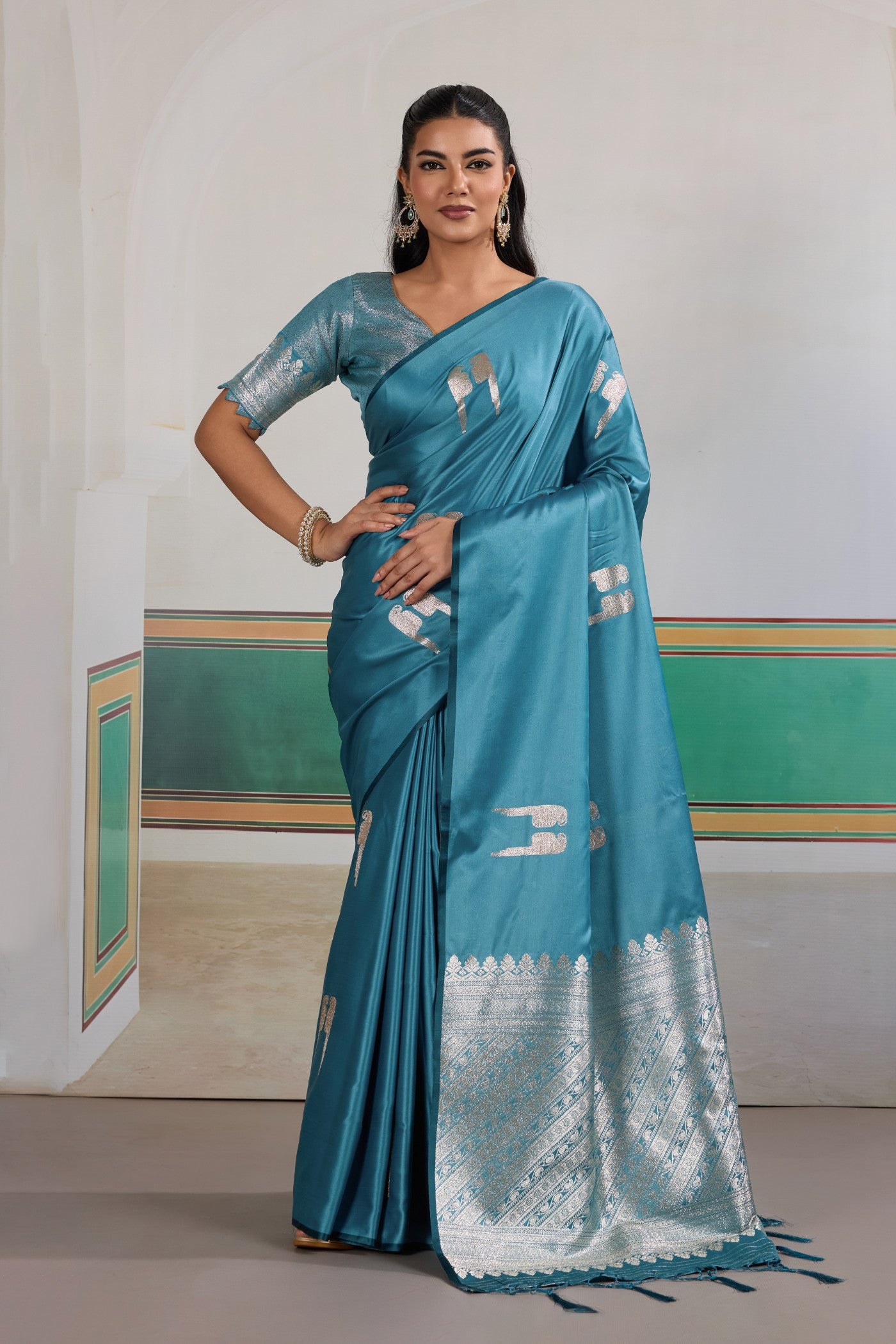 Buy MySilkLove Boston Blue Handloom Satin Soft Silk Saree Online