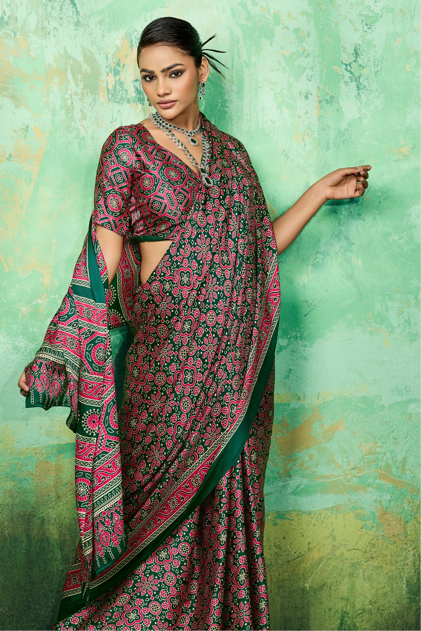 Buy MySilkLove Royal Emerald Green Modal Ajrakh Satin Printed Silk Saree Online