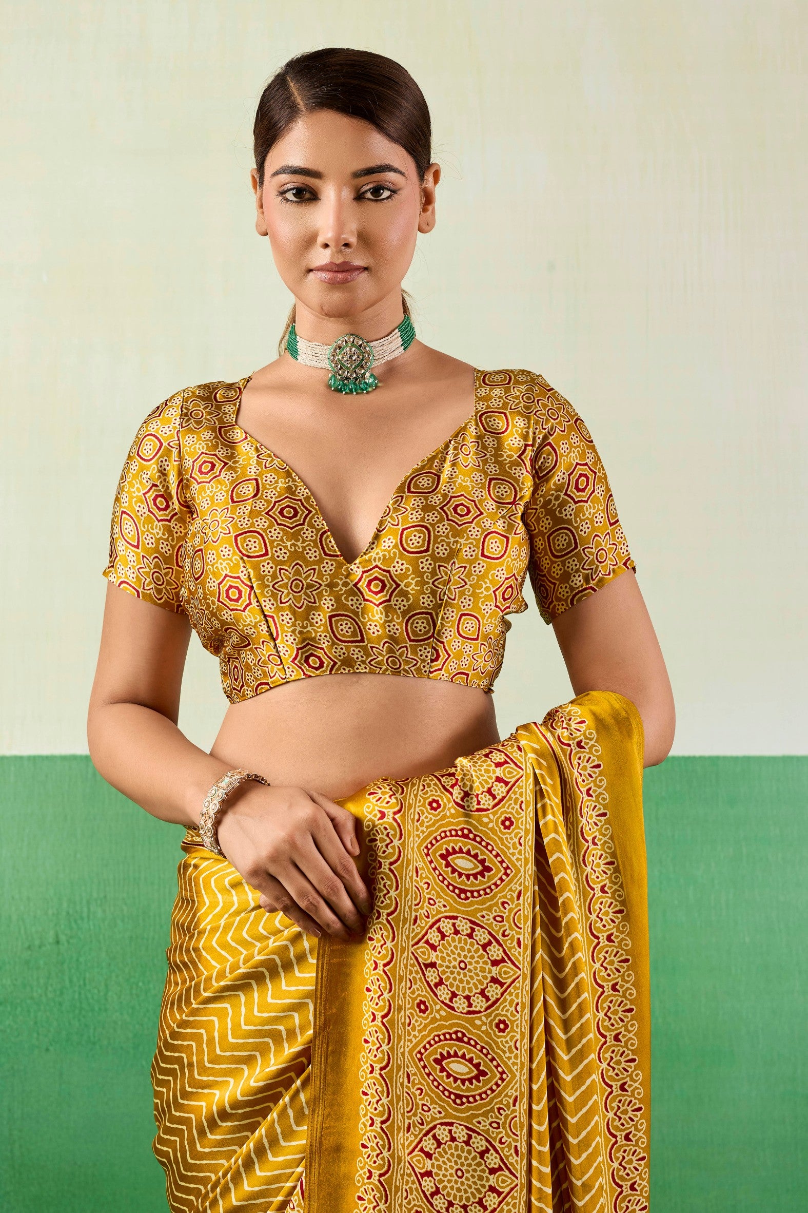 Buy MySilkLove Candlelight Yellow Modal Ajrakh Satin Printed Silk Saree Online