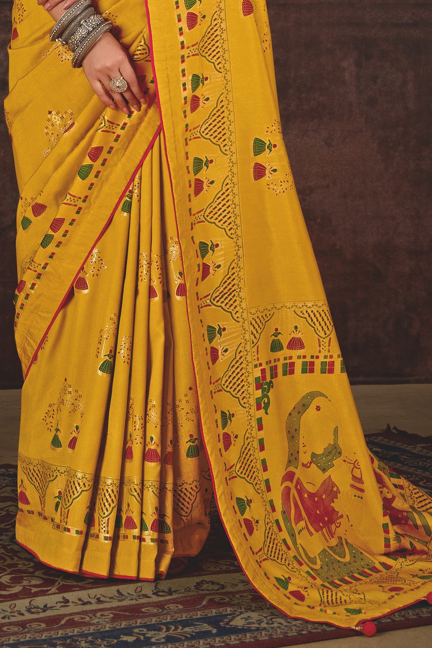 Buy MySilkLove Zest Yellow Tussar Rajwadi Printed Silk Saree Online