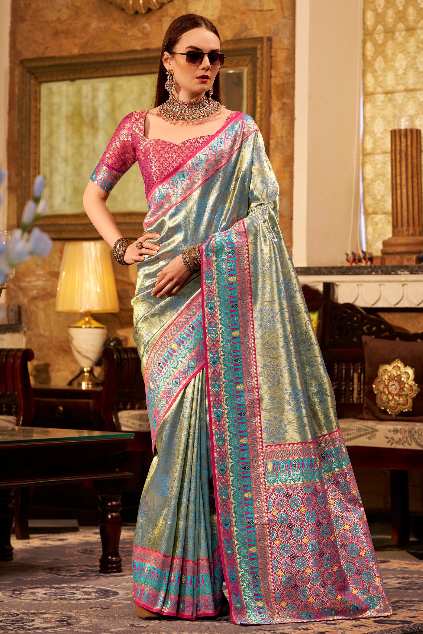 Buy MySilkLove Pear Green Zari Woven Tissue Silk Saree Online