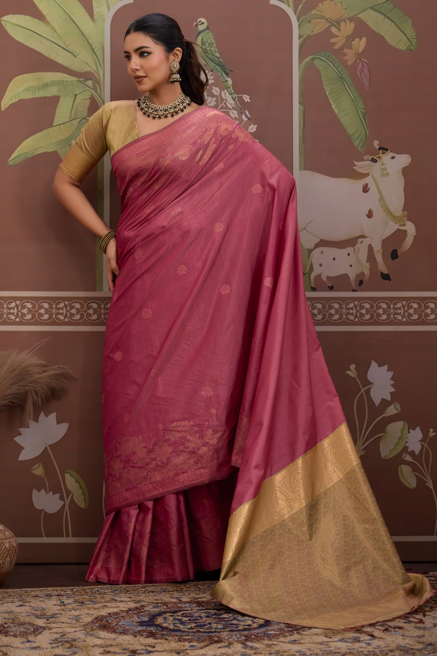 Buy MySilkLove Salmon Pink Banarasi Handloom Tussar Saree Online