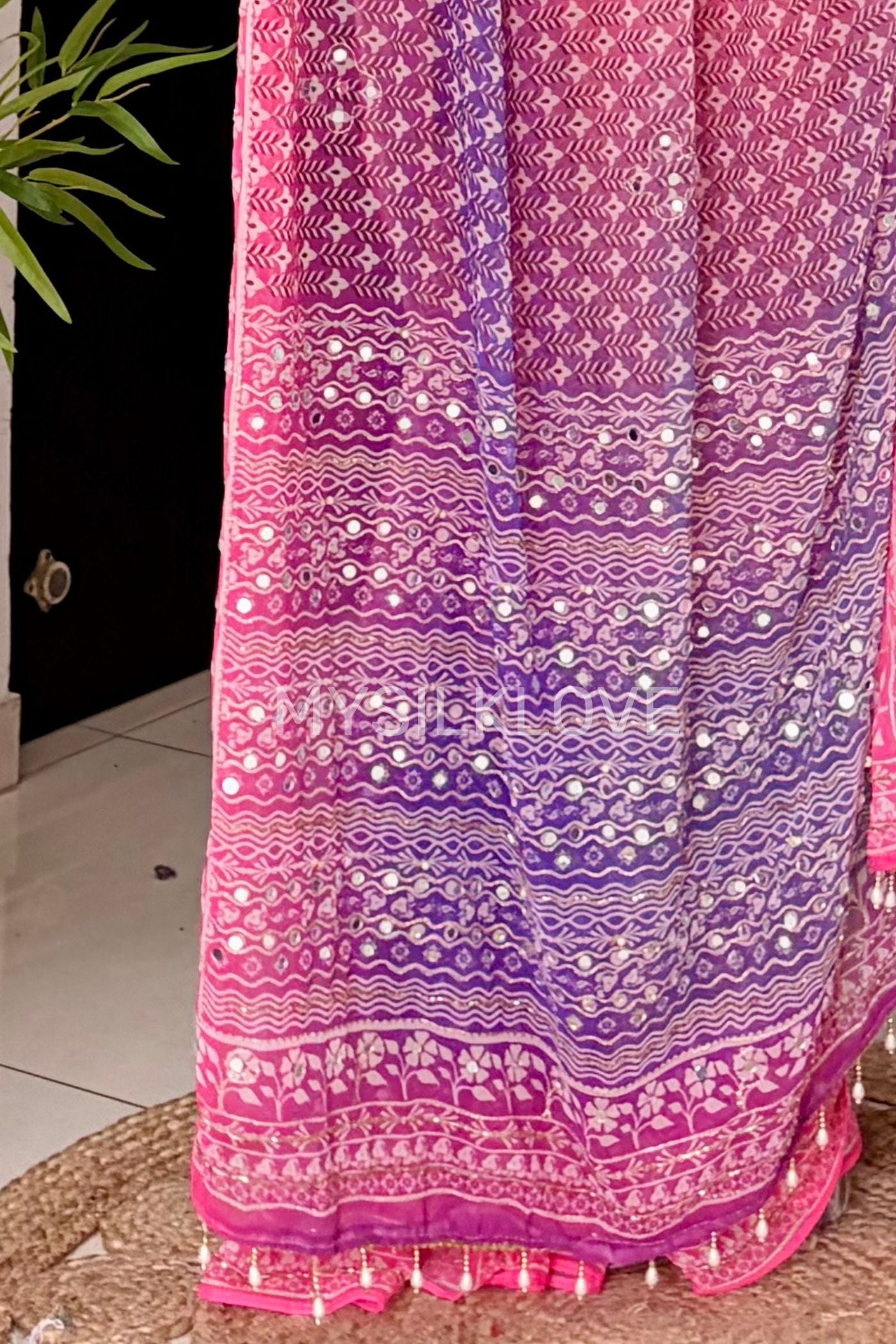 Buy MySilkLove Kareena Kapoor Inspired: Pink Ajrakh Georgette Mirror Work Saree Online
