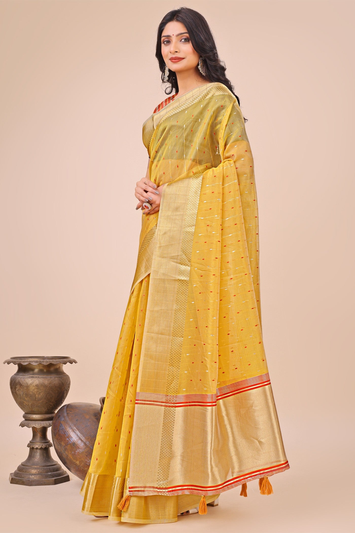 Buy MySilkLove Aureolin Yellow Woven Organza Saree Online