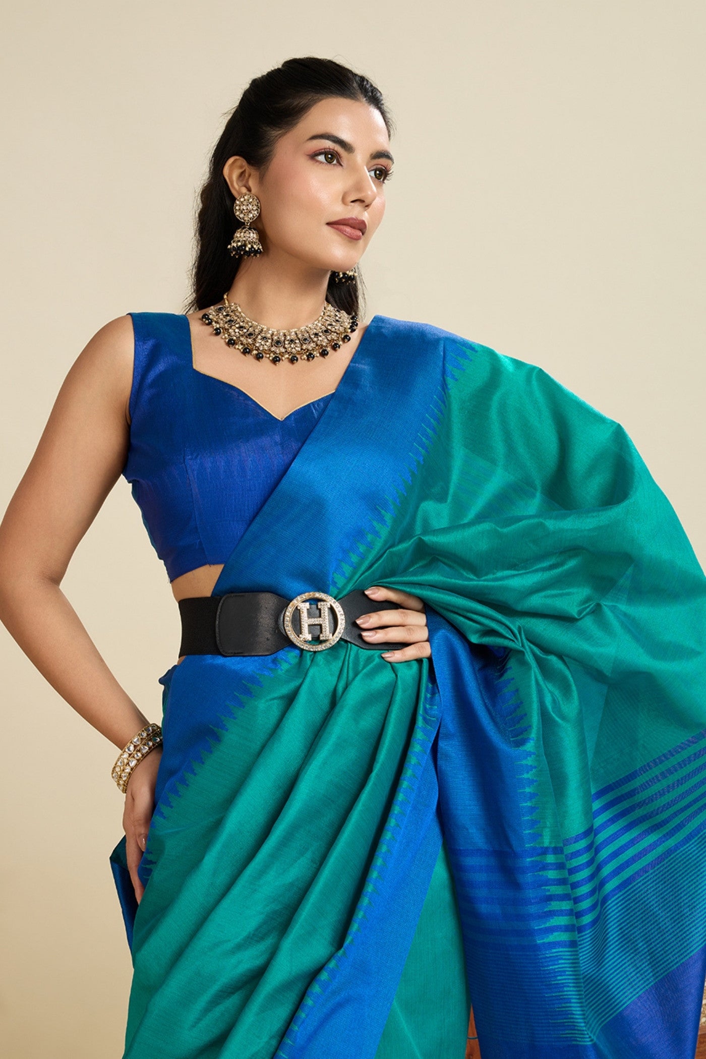Buy MySilkLove Teal Green Woven Raw Silk Saree Online